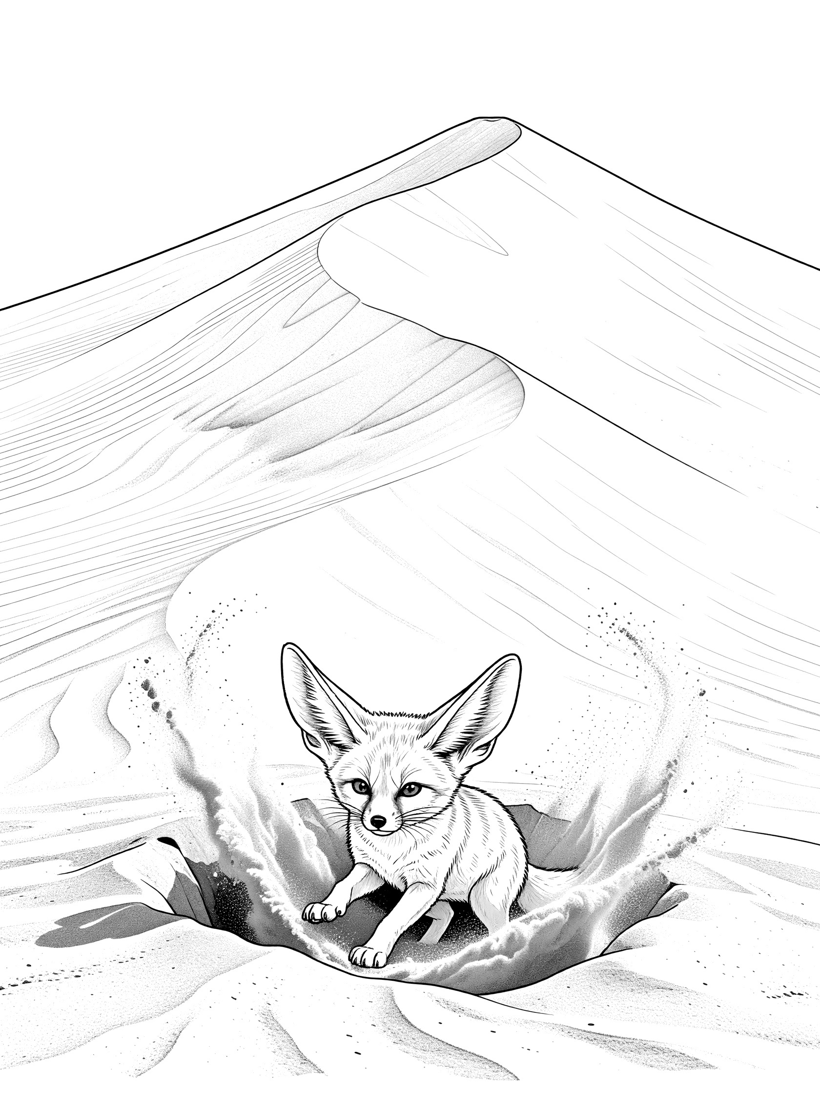 Black and white line art coloring page showing a fennec fox digging into a sandy burrow at the base of a Sahara Desert dune with flying sand.