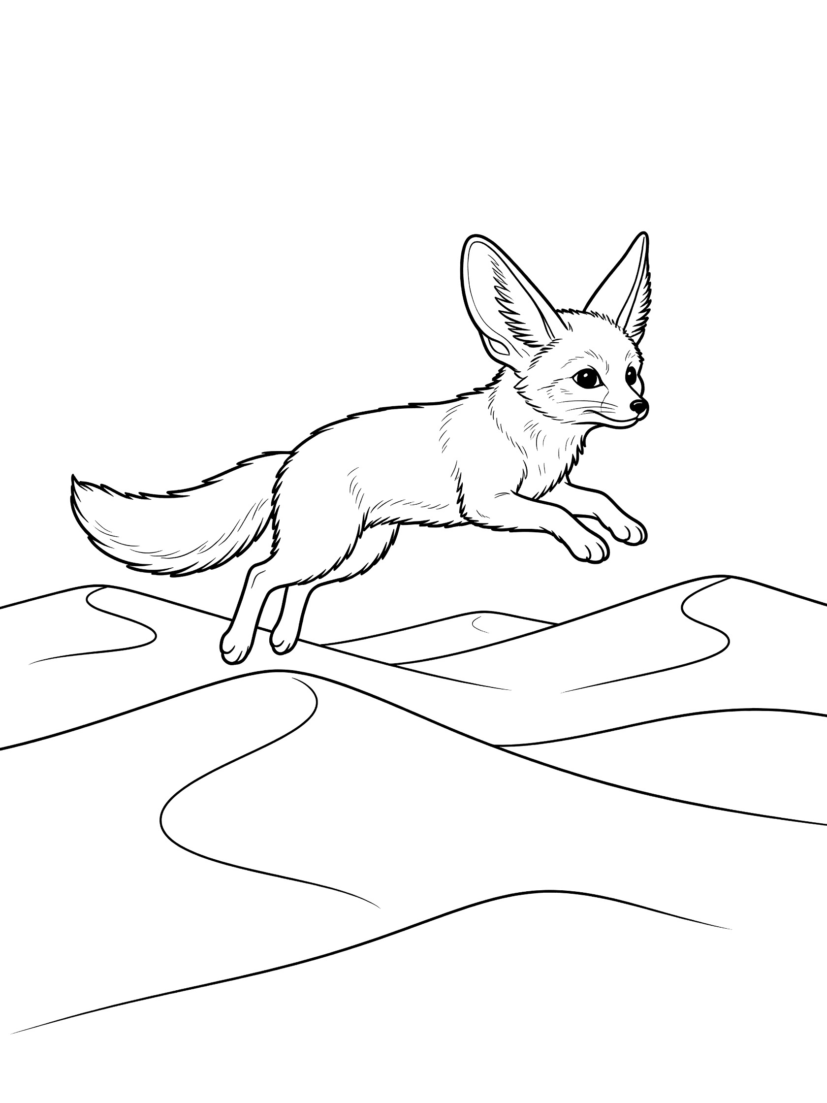 Cartoon fennec fox with big ears leaping across rippling sand dunes, clean line art coloring page