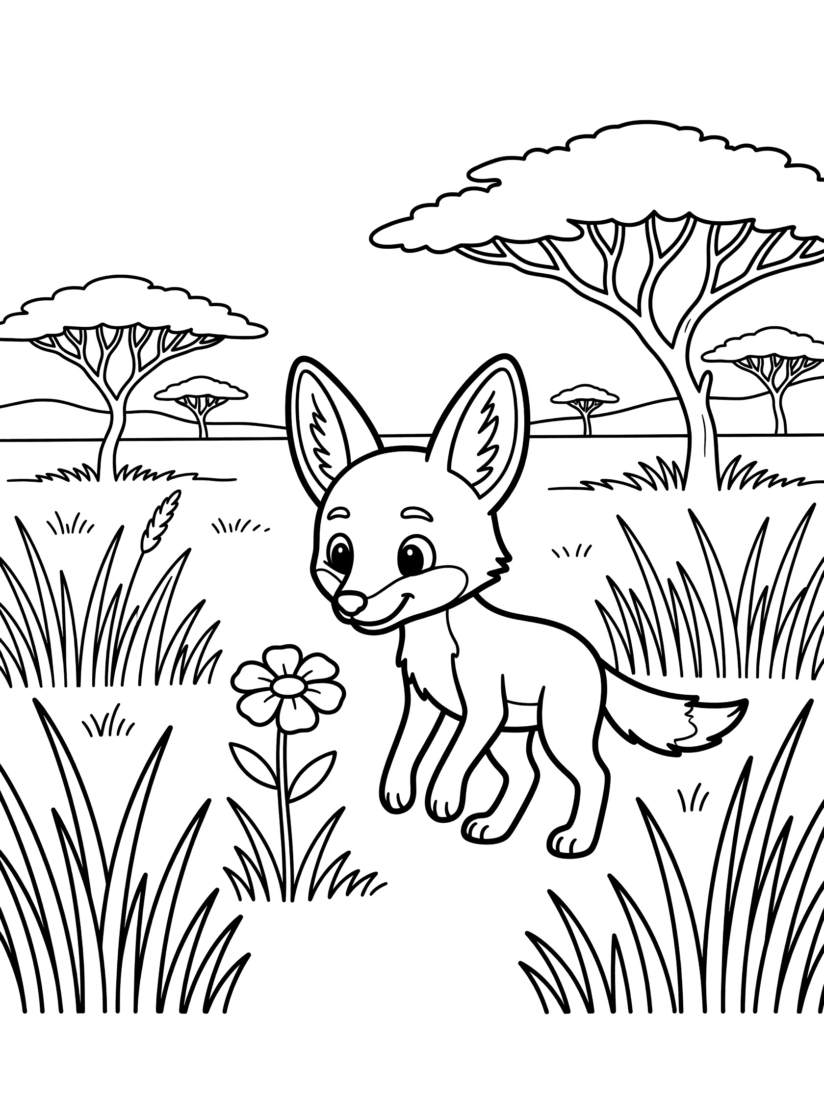 Black and white line art of a cute cartoon fennec fox standing on hind legs sniffing a large flower surrounded by savanna grass and distant acacia trees. Jackal themed black and white printable line art