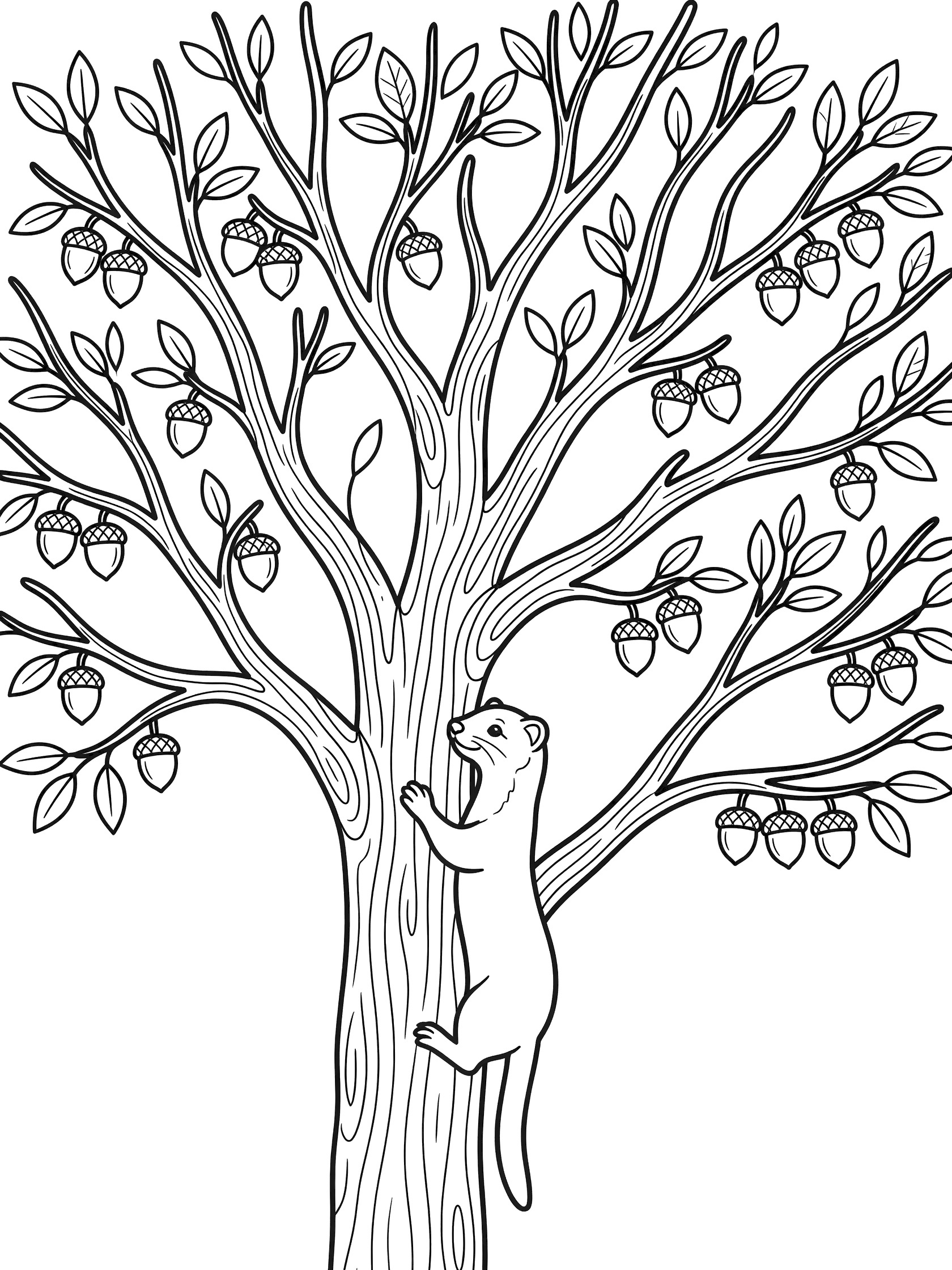 Black and white line art coloring page showing a ferret gripping and climbing the trunk of a tall oak tree covered in acorns and leaves. Weasel themed black and white printable line art