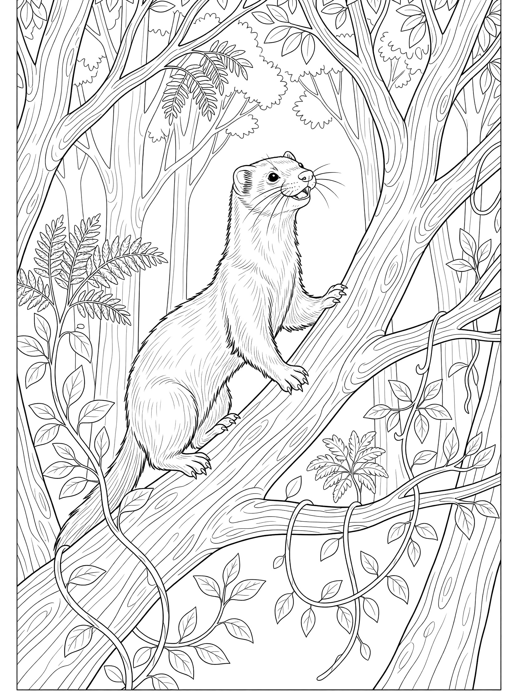 Black and white coloring page of a ferret climbing a knobby tree branch in a forest with leaves and vines