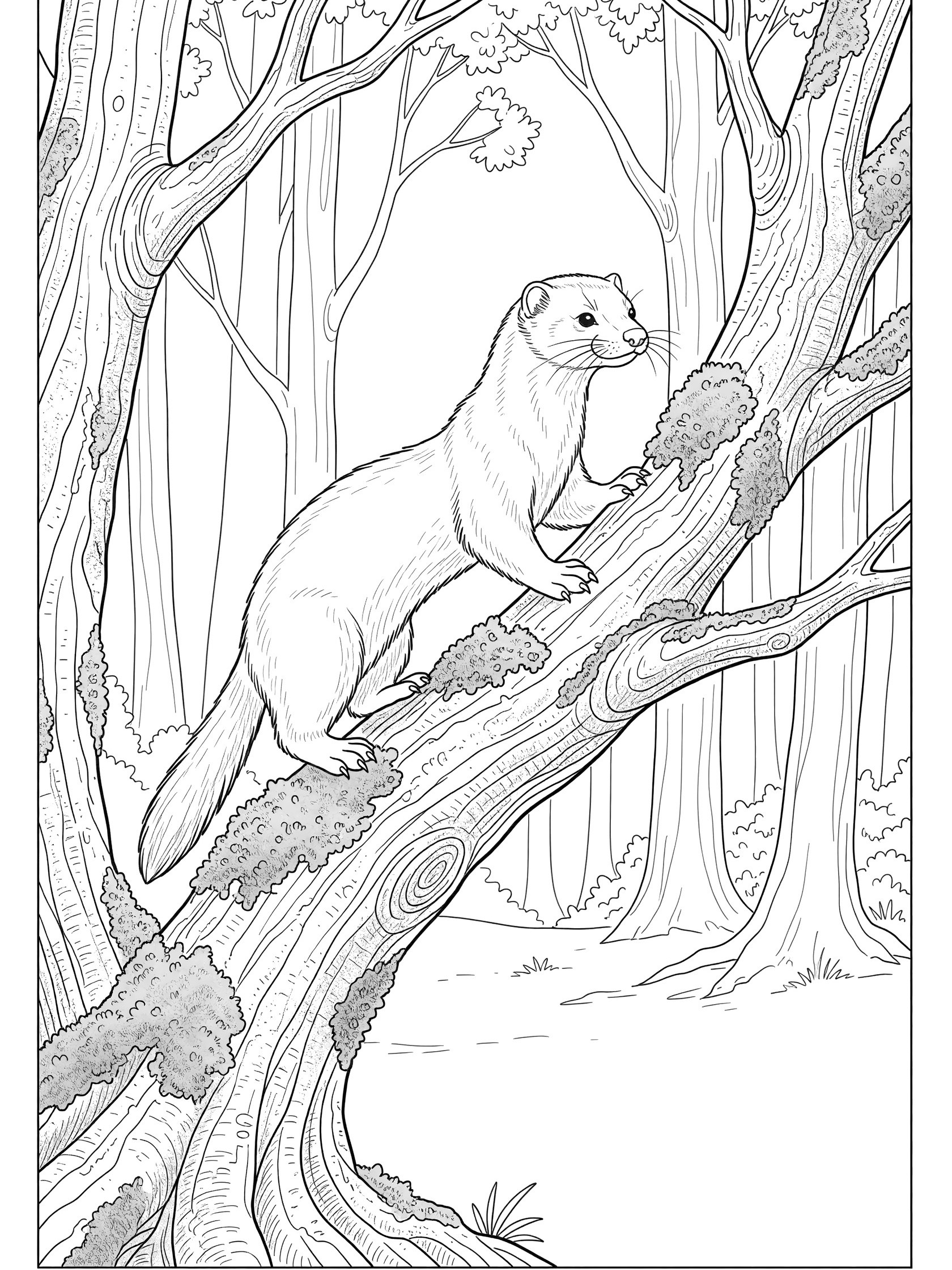 Black and white line art coloring page showing a ferret gripping a mossy tree branch with forest trees in the background. Mink themed black and white printable line art