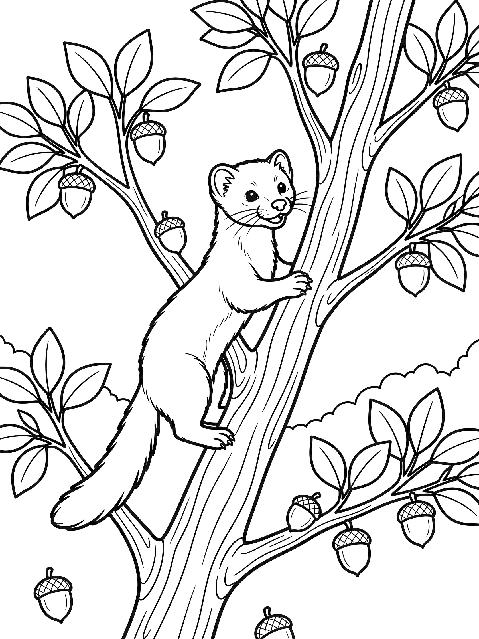 Black and white line art coloring page showing a ferret climbing up a tree branch surrounded by simple leaves and acorns. Marten themed black and white printable line art