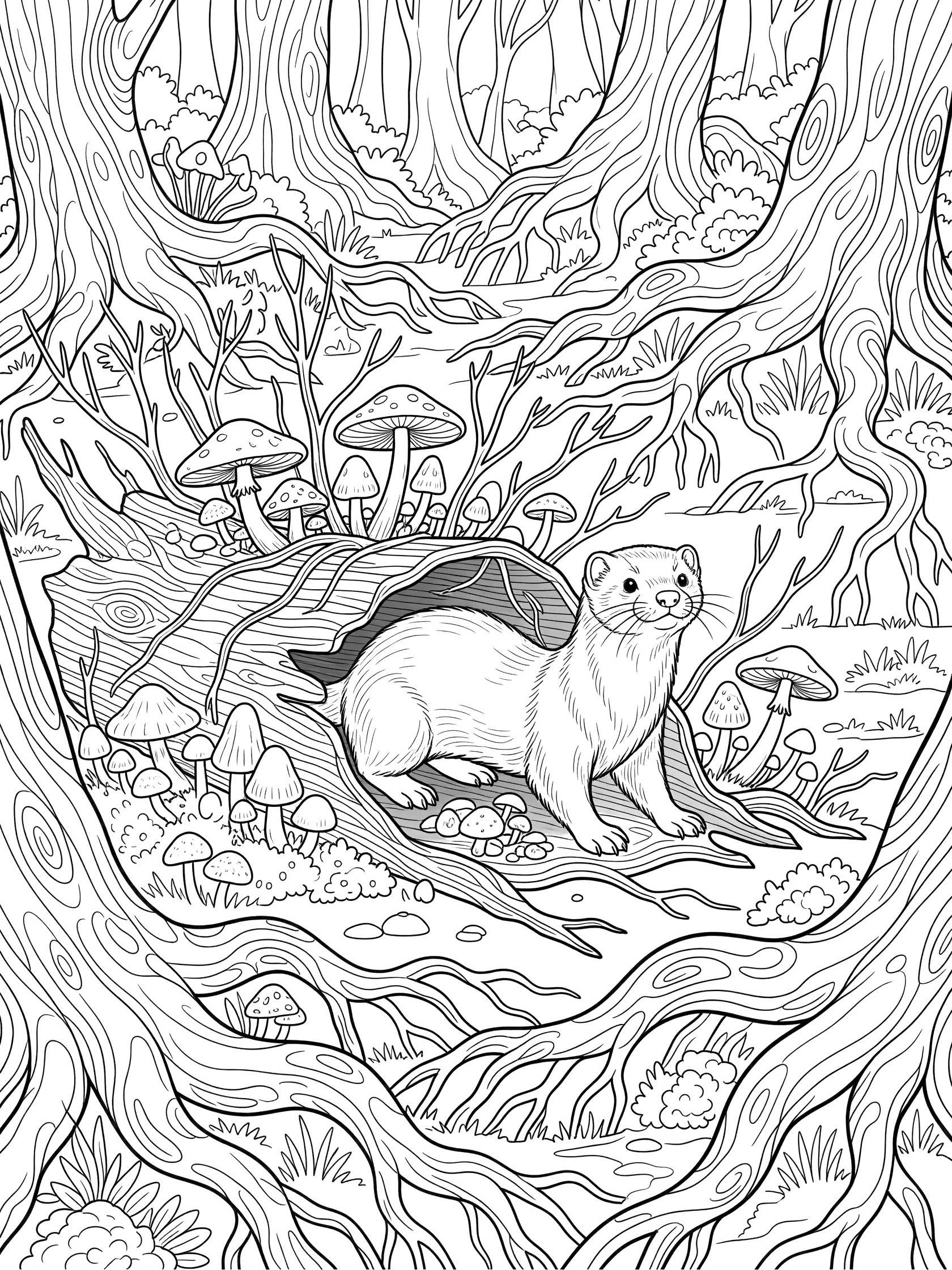 Black and white line art coloring page of a ferret emerging from a hollow log with mushrooms, twigs, and forest trees and roots. Mink themed black and white printable line art
