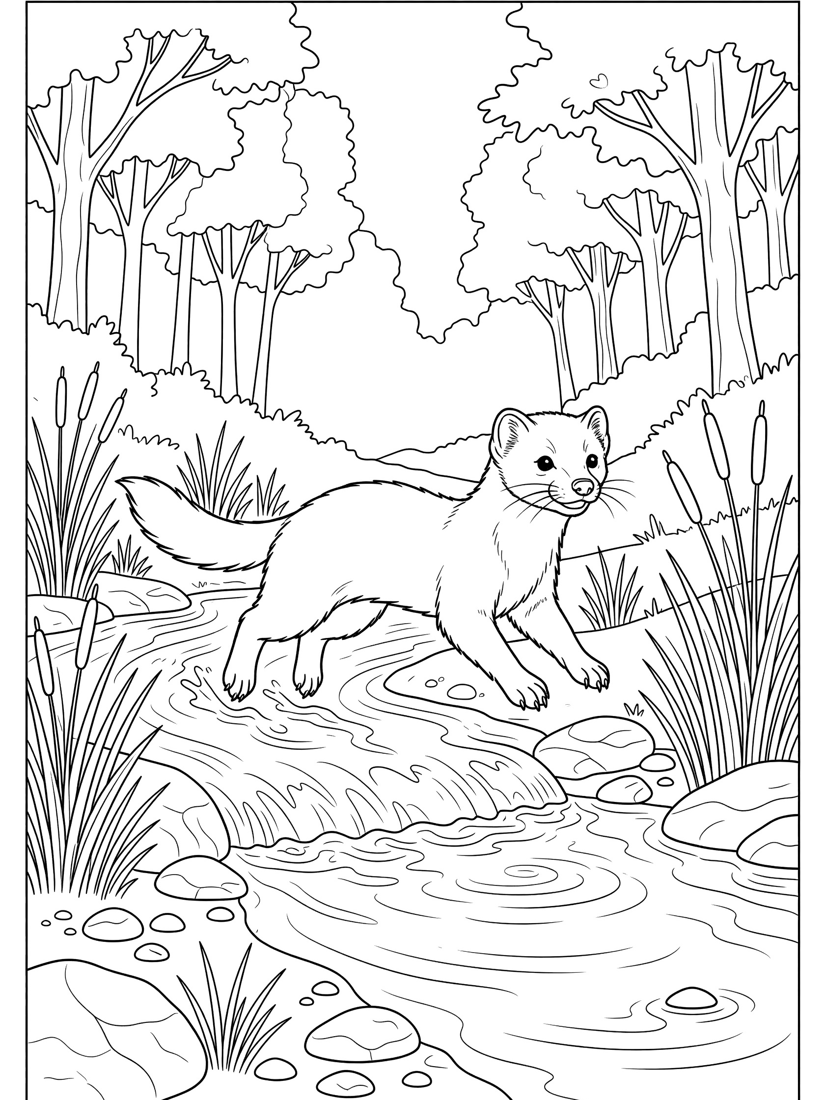 Black and white line art coloring page showing a ferret leaping joyfully over a shallow forest stream with pebbles, reeds, trees, and motion lines in the water. Marten themed black and white printable line art