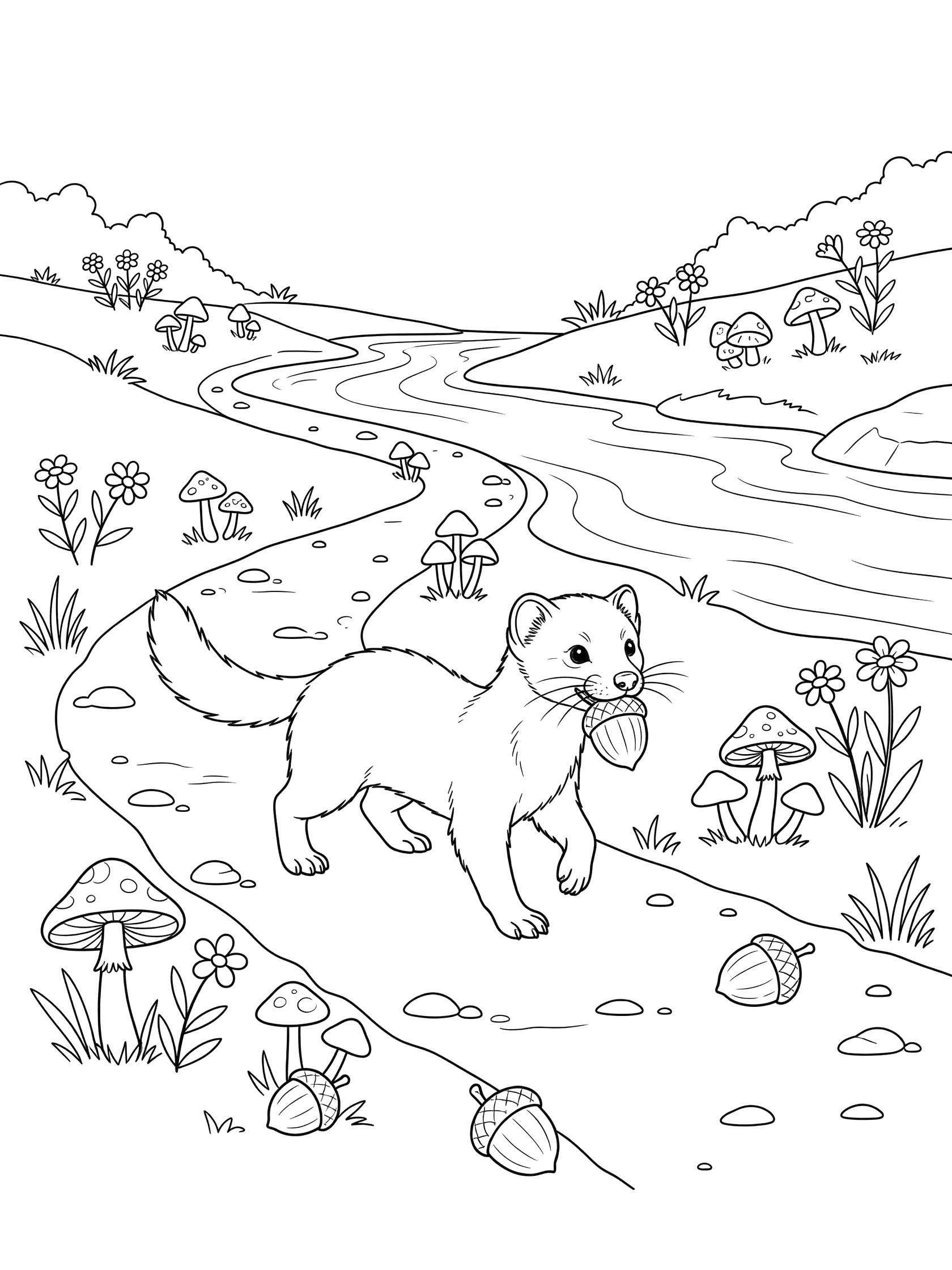 Black and white coloring page of a ferret carrying a mushroom in its mouth, trotting on a forest path with mushrooms, acorns, wildflowers, and a winding stream. Marten themed black and white printable line art