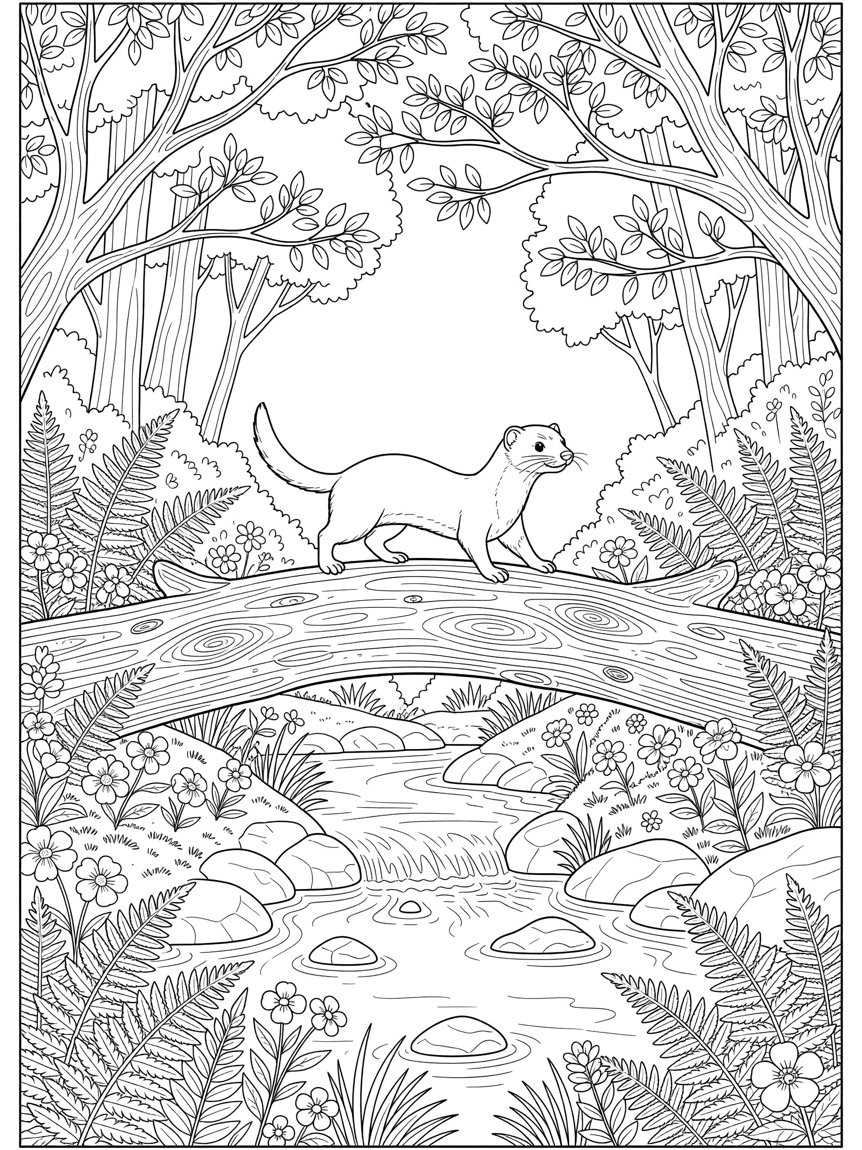 Black and white coloring page of a ferret balancing on a fallen log bridge over a stream, surrounded by ferns, rocks, branches, and wildflowers. Weasel themed black and white printable line art