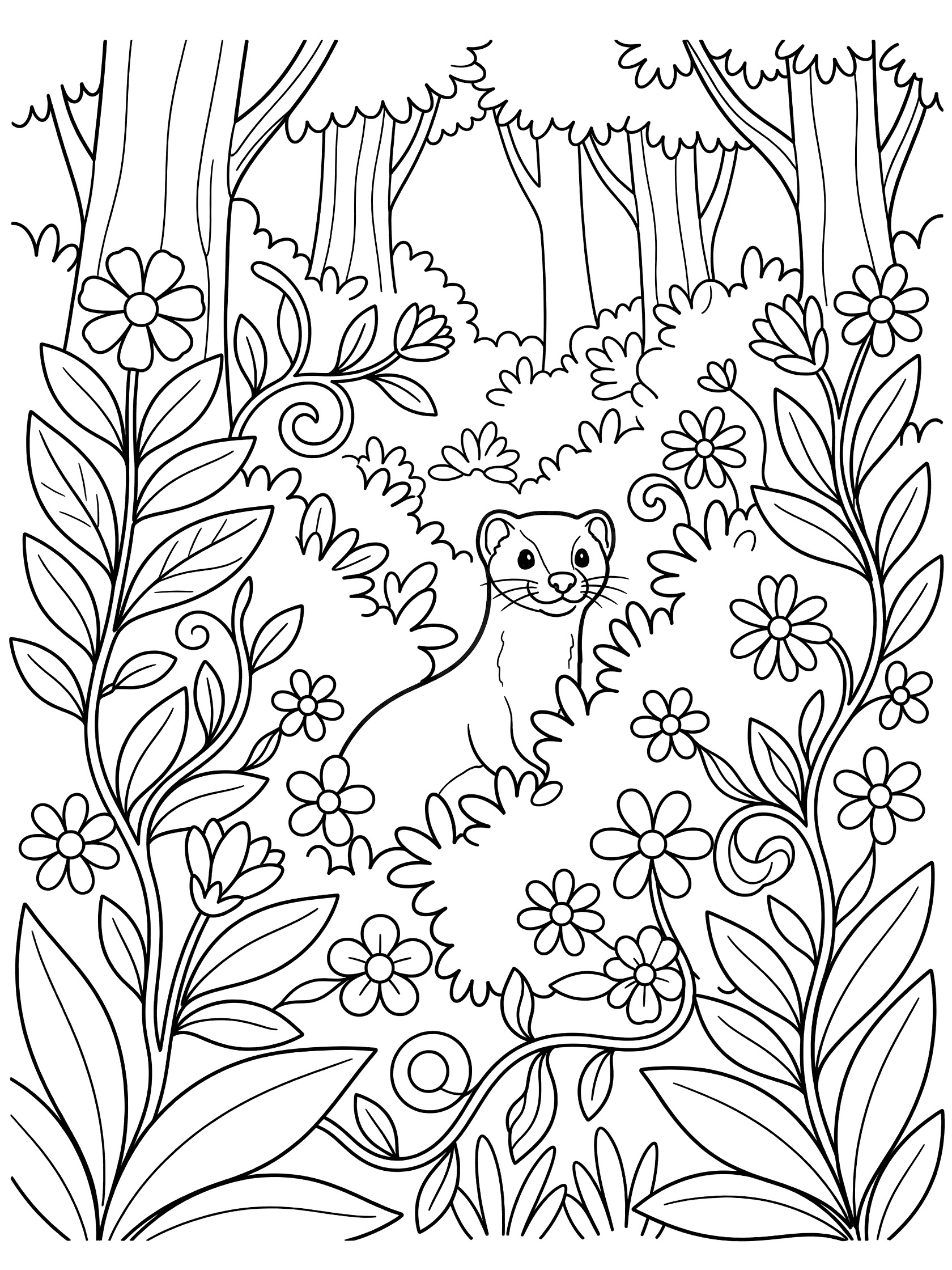 Printable coloring page showing a ferret looking out from dense leafy bushes with vines, swirly stems and many flowers in a forest setting, clean line art. Weasel themed black and white printable line art