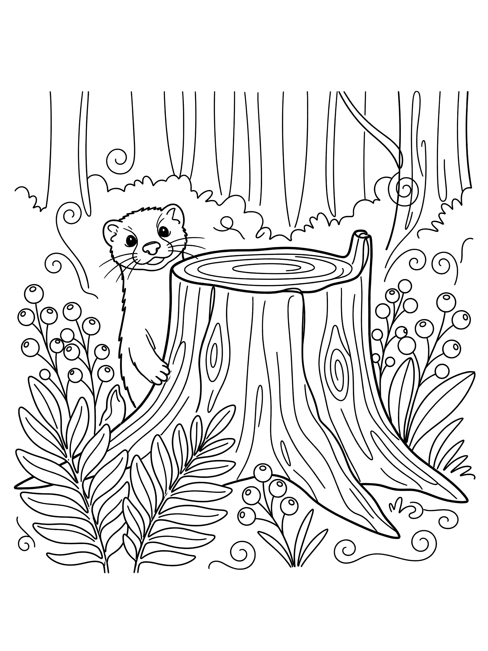 Black and white line art coloring page showing a ferret peeking over a large tree stump surrounded by ferns and berry bushes in a forest setting. Mink themed black and white printable line art