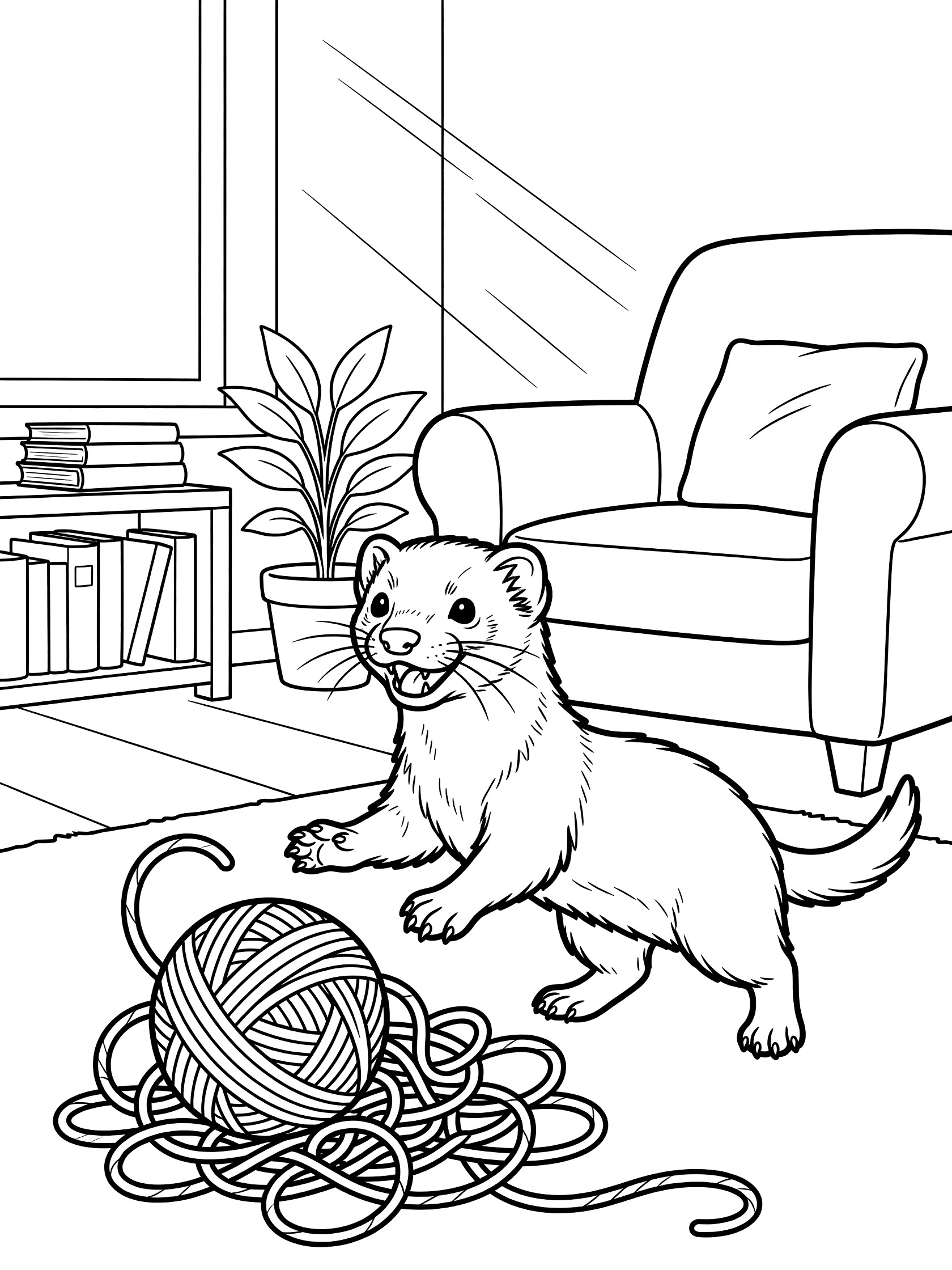 Black and white line drawing of a playful ferret reaching for a tangled yarn ball next to a chair and plant in a room.