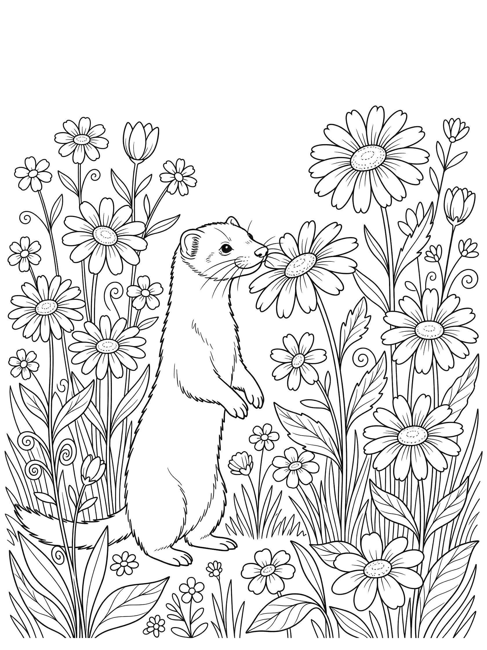 Black and white coloring page of a cute ferret on hind legs sniffing a large daisy surrounded by blooming flowers and stems.