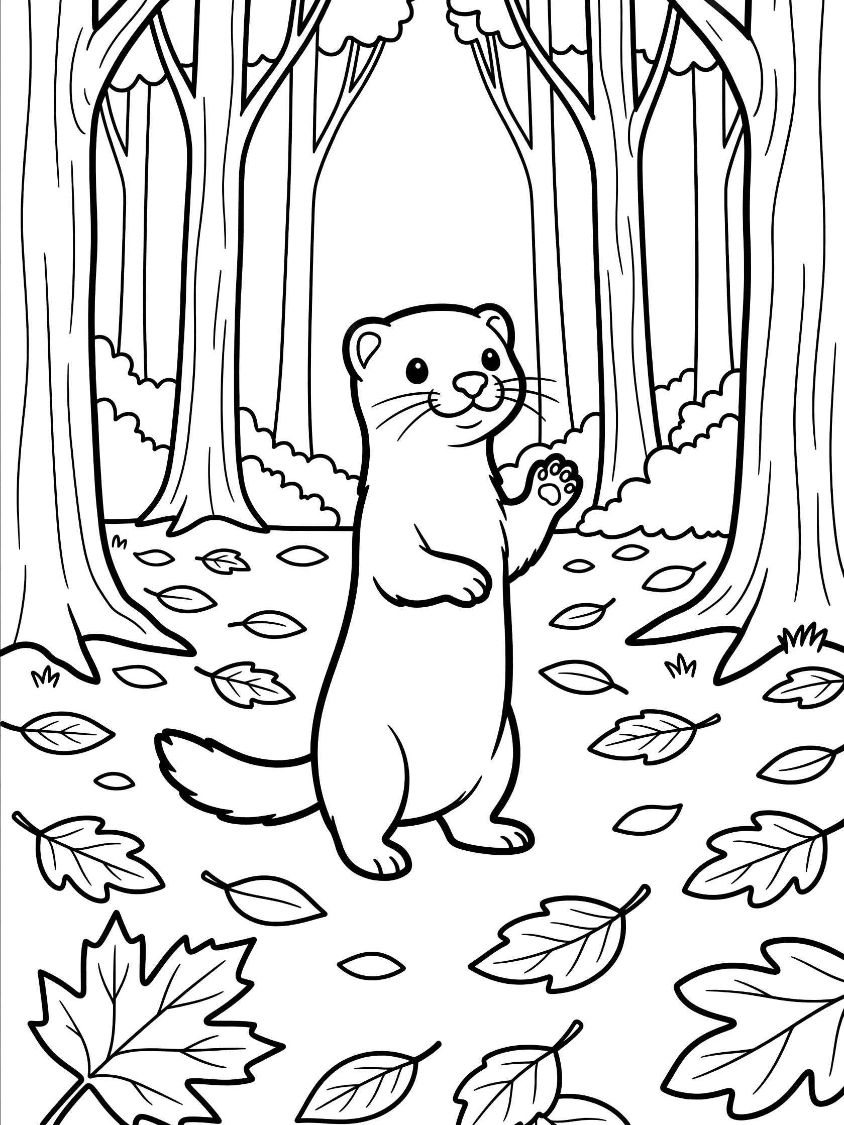 Black and white line art coloring page showing a ferret standing upright on hind legs with one paw raised in a forest clearing surrounded by tall trees and fallen leaves. Mink themed black and white printable line art