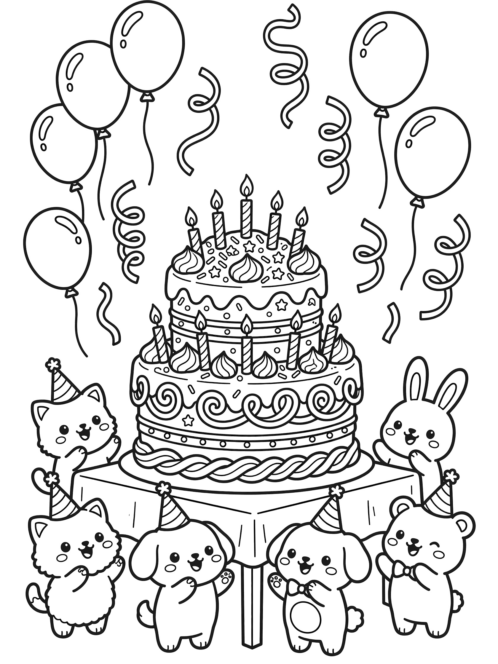 Black and white line art of a kawaii birthday cake on a party table, surrounded by cute chibi-style cats, dogs and bunnies wearing party hats, clapping with balloons and streamers in the background.