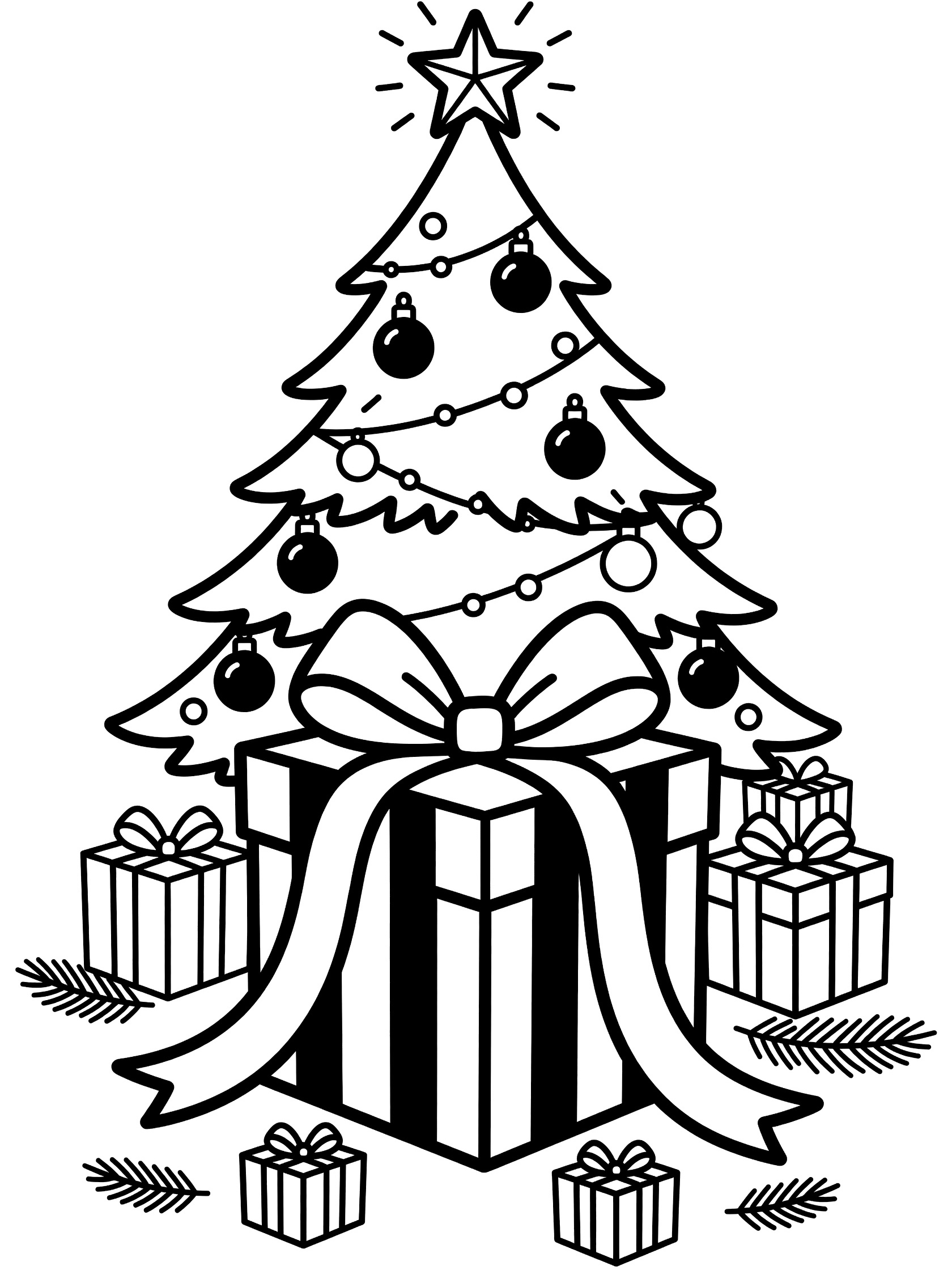 Black and white coloring page of a large festive Christmas present under a decorated tree with bow, ribbons, small gifts, and pine needles.