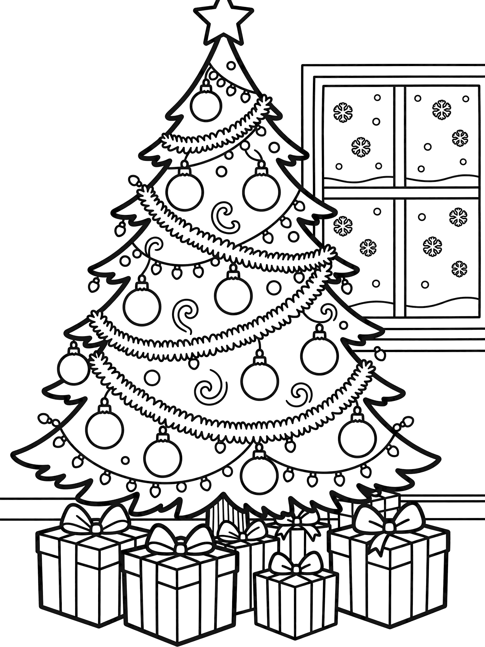 Line art coloring page of a decorated Christmas tree in a living room with ornaments, tinsel, star, gift boxes and snowy window.