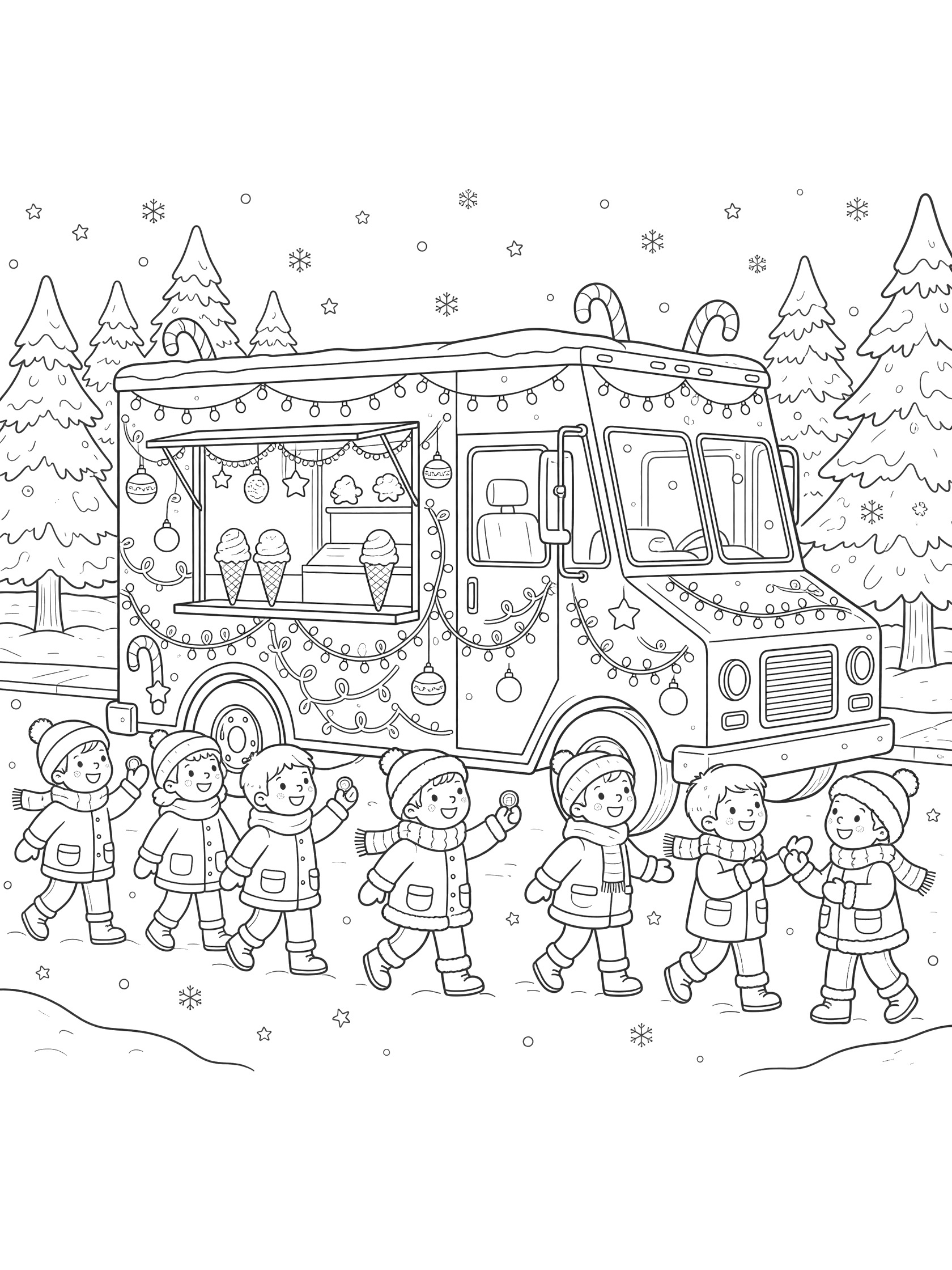 Black and white line art of a festive ice cream truck parked on snowy street with children lining up, holiday decorations, evergreen trees, and falling snow.