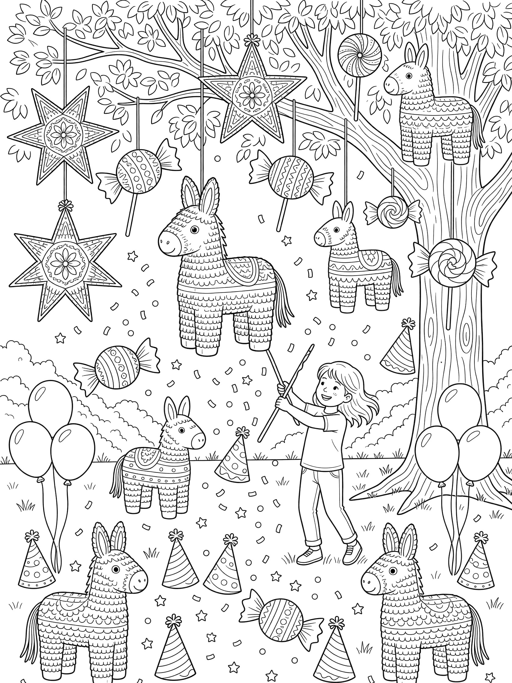 Line art coloring page showing a tween girl hitting a central donkey piñata at a backyard birthday party, with hanging star piñatas, candy shapes, balloons, party hats and confetti.