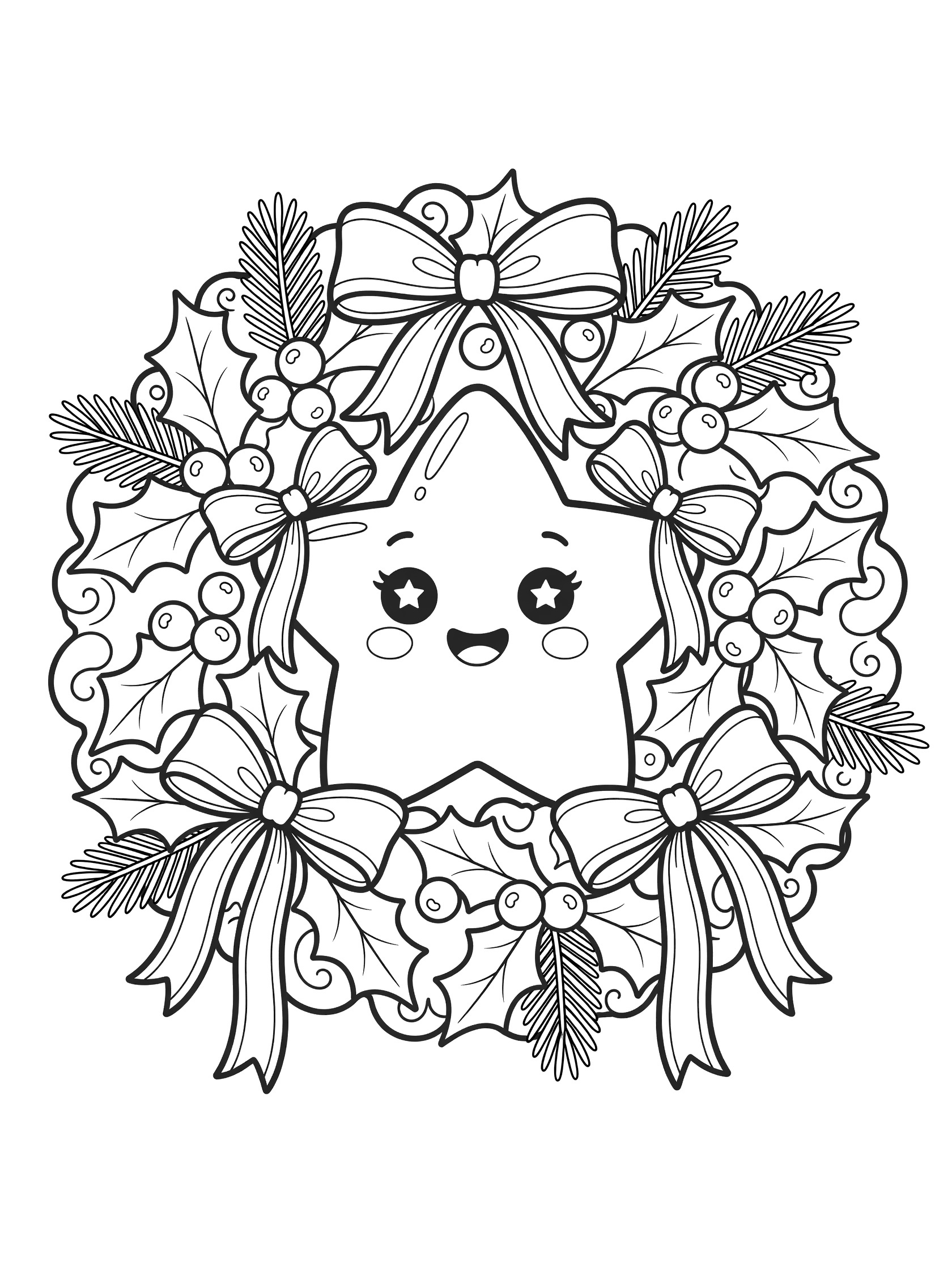 Black and white line art of a kawaii star with sparkling eyes, rosy cheeks, and cheerful smile in a plump Christmas wreath with holly, berries, pine, and ribbon bows.