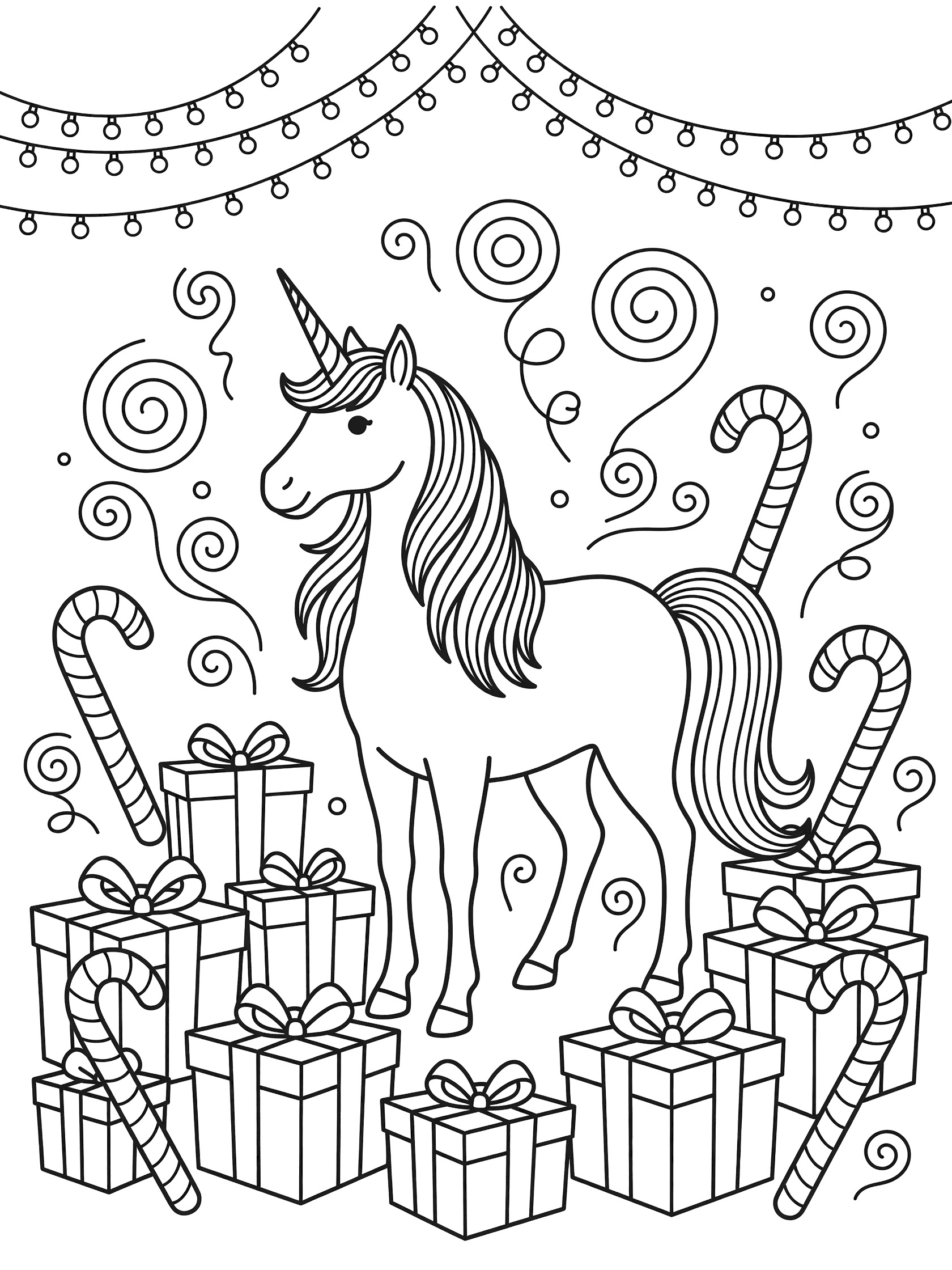 Black and white line art of a festive unicorn standing among stacked presents and candy canes, with string lights above and joyful swirls around. Unicorns themed black and white printable line art