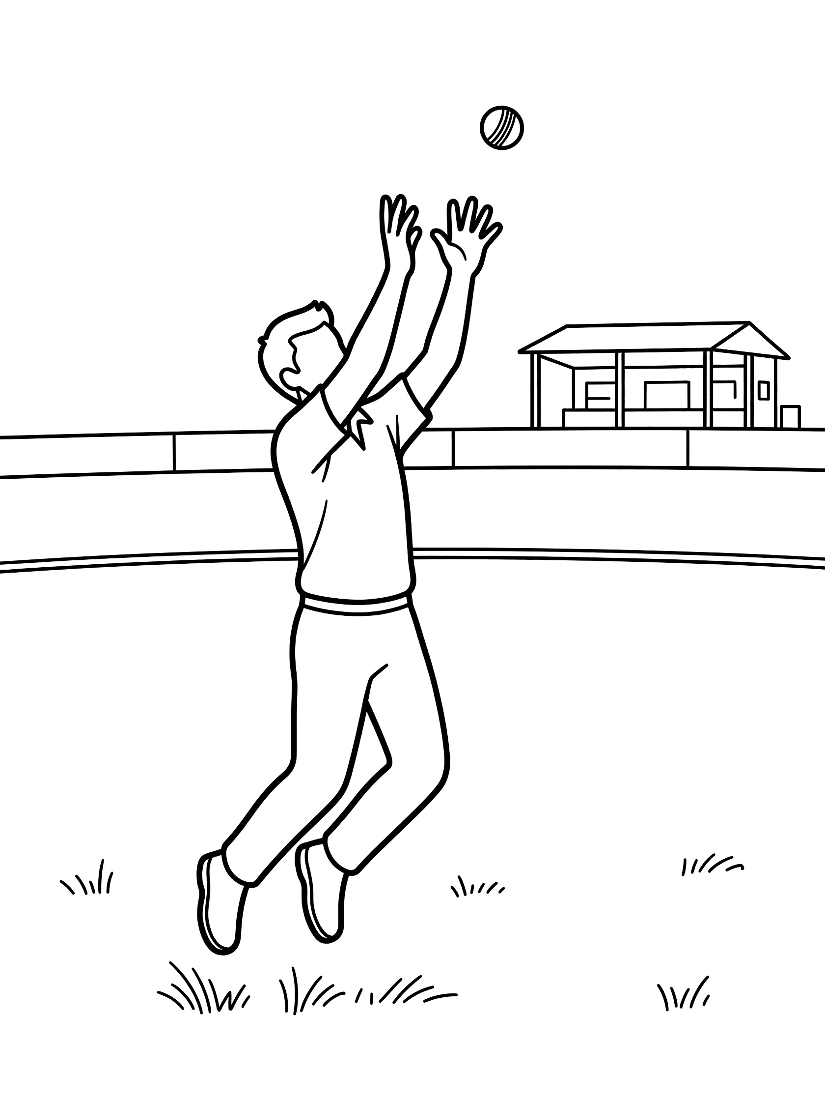 Black and white coloring page of a fielder jumping high with hands outstretched to catch a soaring cricket ball near the boundary.