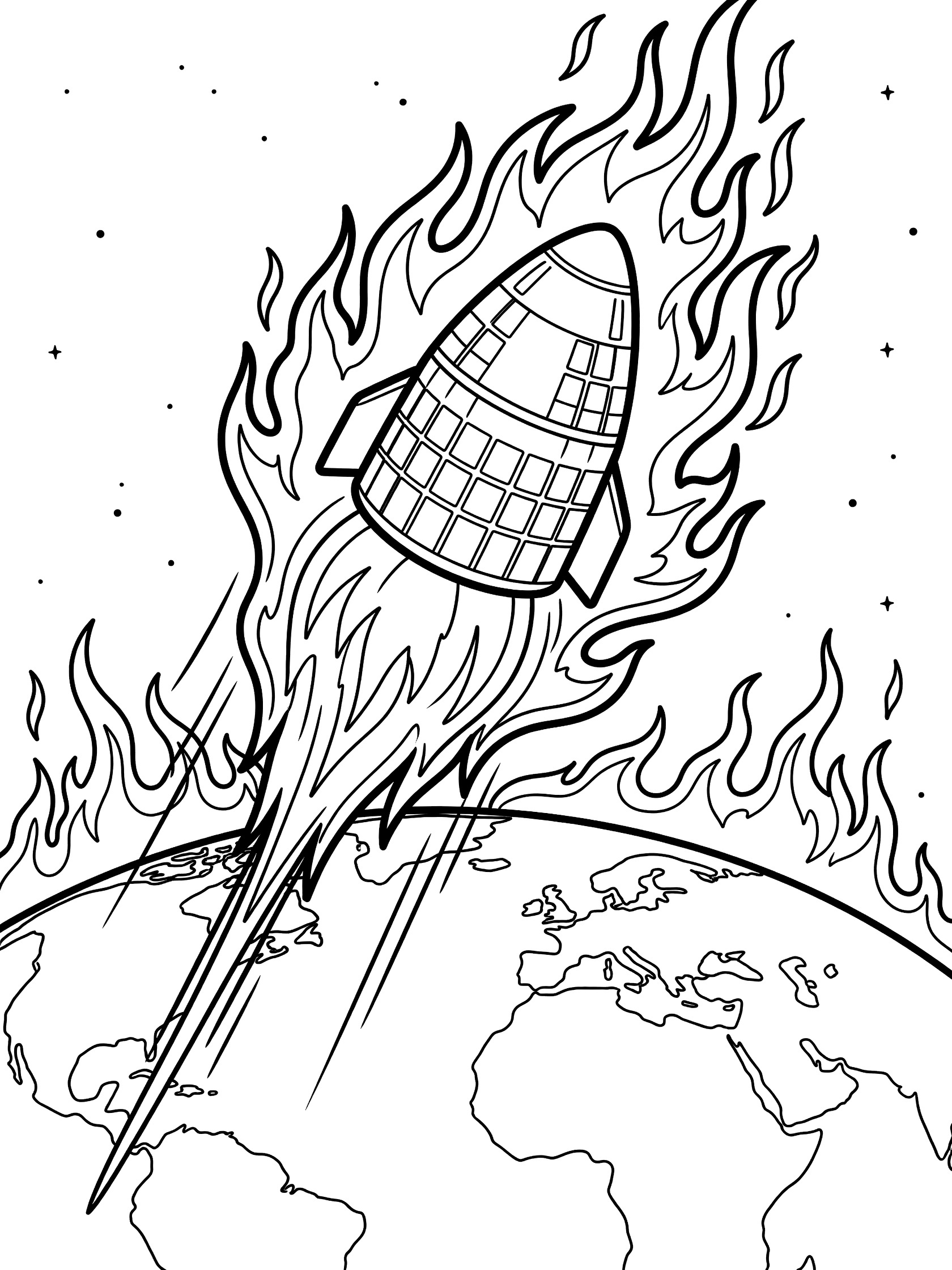Black-and-white coloring page showing a cone-shaped reentry vehicle descending with fiery flames and heat waves, heat shield details, fins, Earth outline with continents, stars, and trajectory lines.