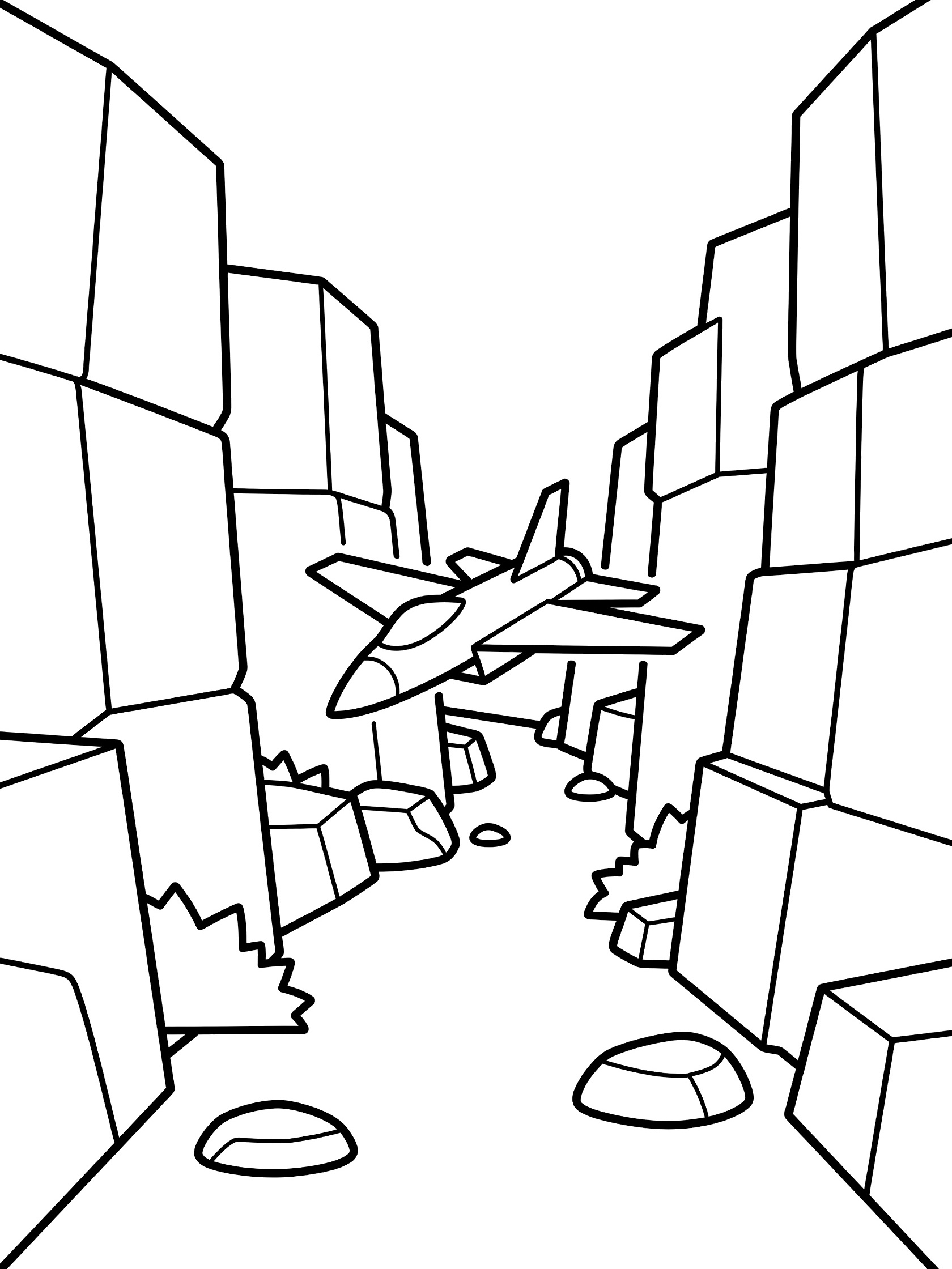 Black and white line art coloring page showing a fighter jet banking through a geometric canyon with blocky walls, boulders, and bushes ahead.