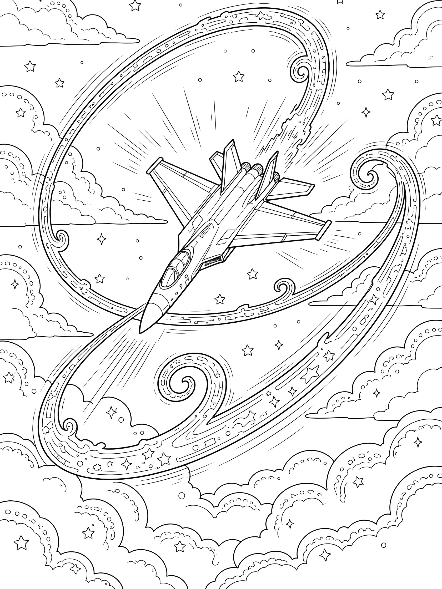 Doodle-style coloring page showing a fighter jet mid-loop, upside down with curved wings, curly contrail ribbon, clouds, speed lines, and starry sparkles in the sky.