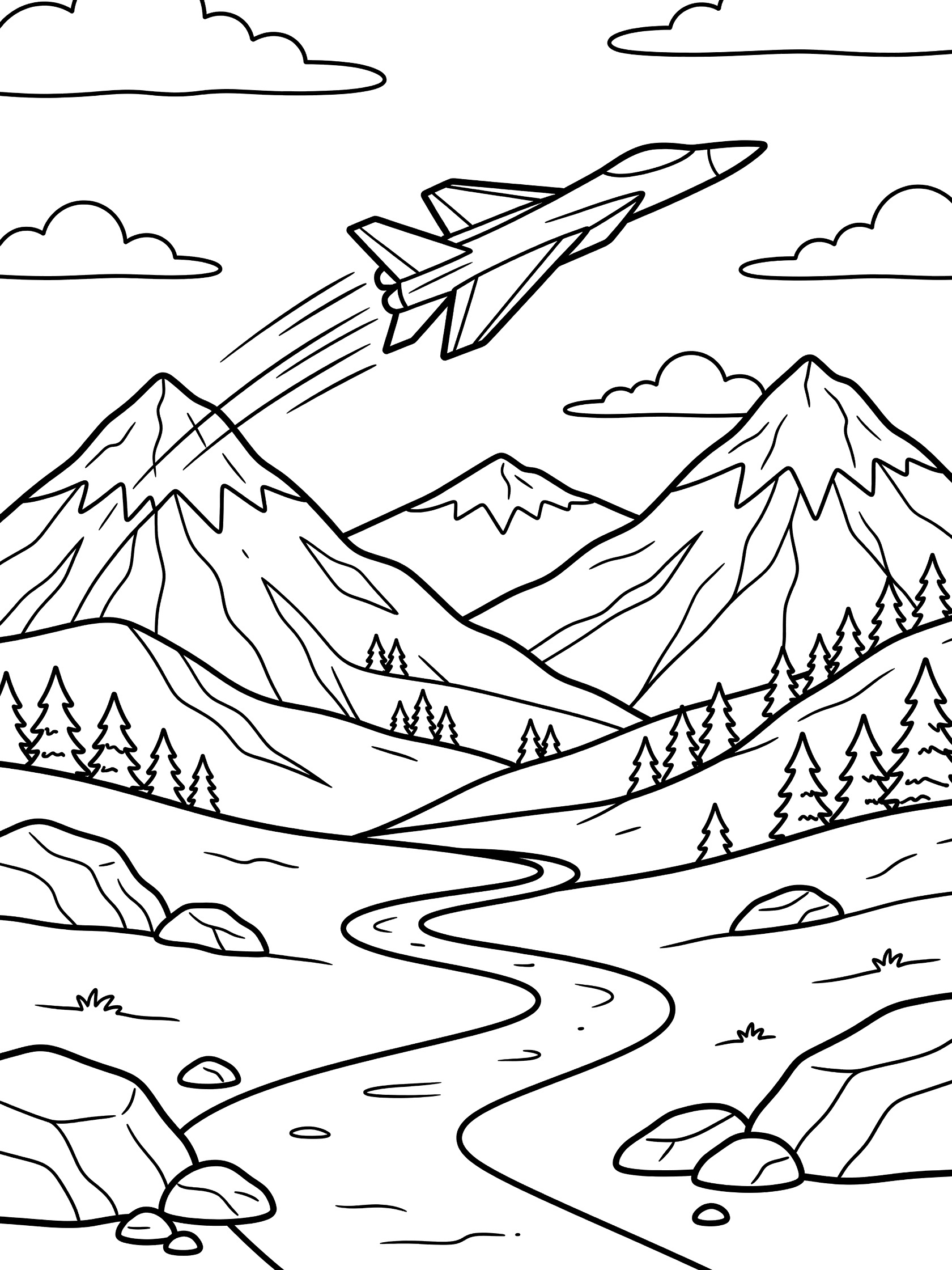 Black-and-white line art coloring page showing a sleek fighter jet banking over jagged snow-capped mountains, pine trees, fluffy clouds, rocks, and a winding path in the valley.