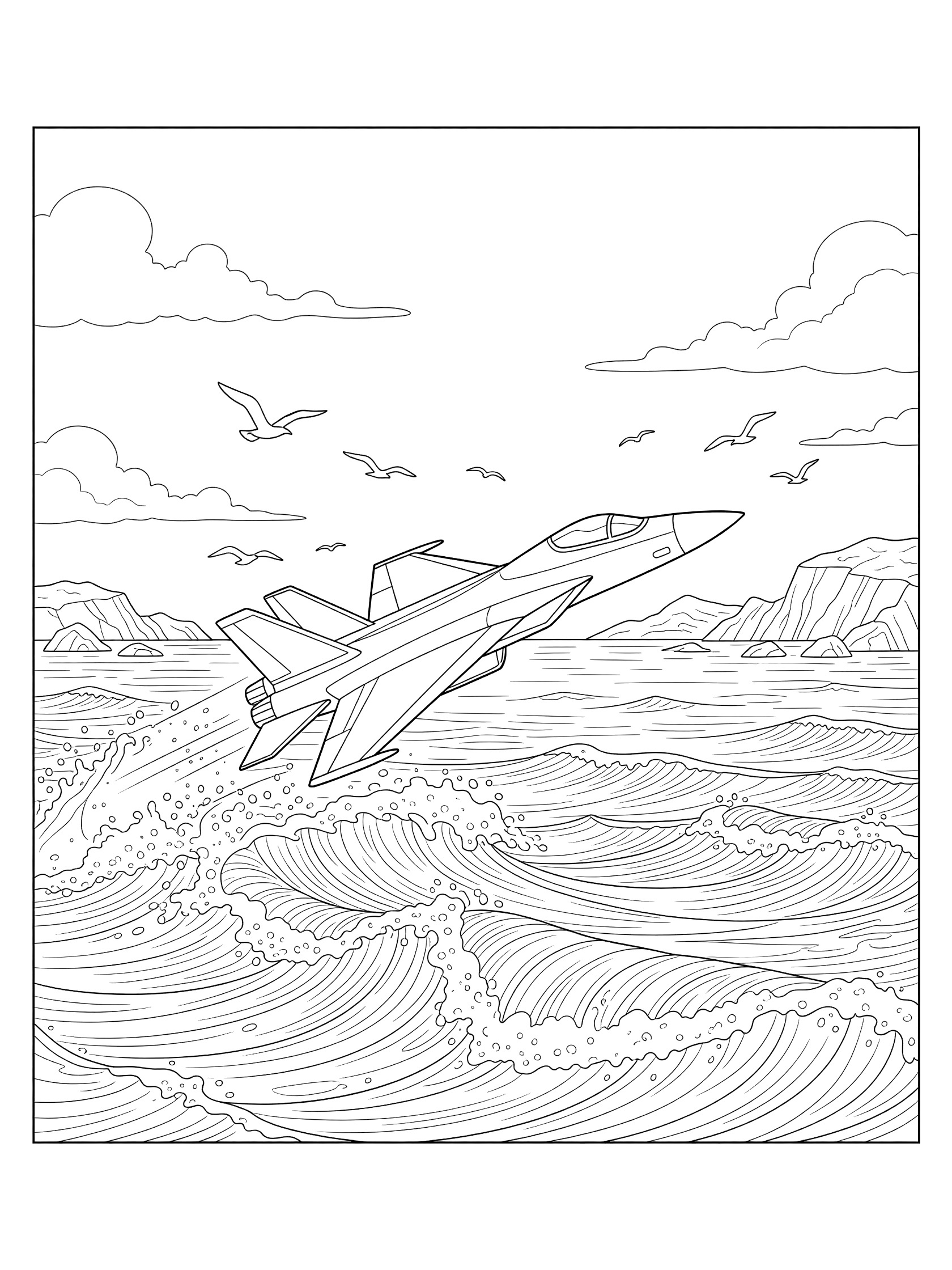 Black-and-white line art of a fighter jet flying low over ocean waves with seabirds, fluffy clouds, and distant rocky islands.