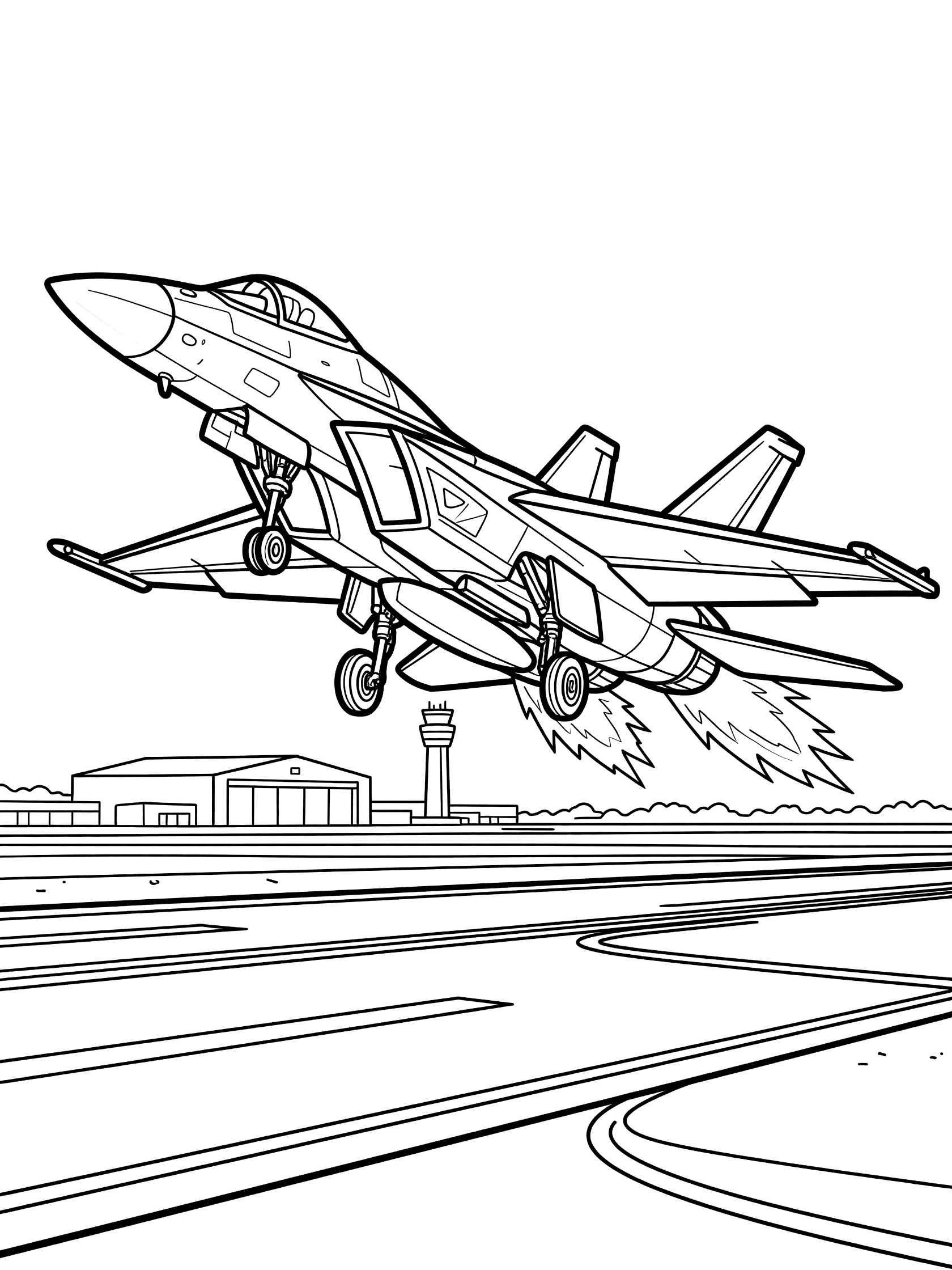 Black and white line art of a fighter jet in takeoff from runway, nose up, flames from engines, wings out, with runway stripes, hangar, and control tower.