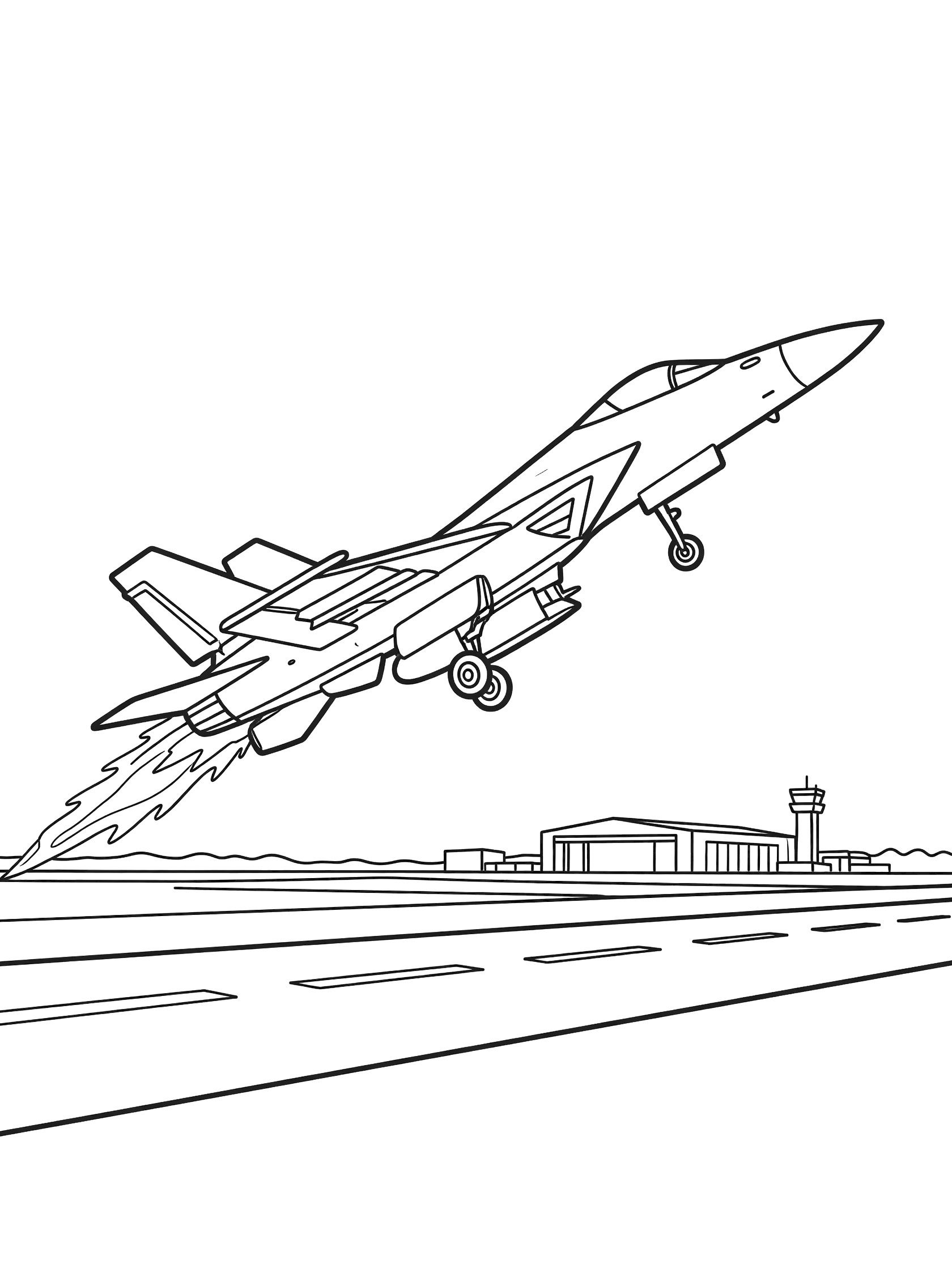 Black and white coloring page of a fighter jet angled upward taking off from runway with flames from engines, partial landing gear, hangar and control tower in background.