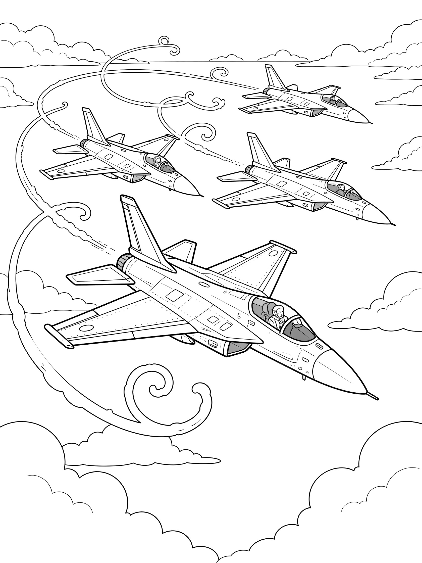 Doodle-style coloring page of fighter jets in tight V-formation soaring through cloudy sky with curvy contrails