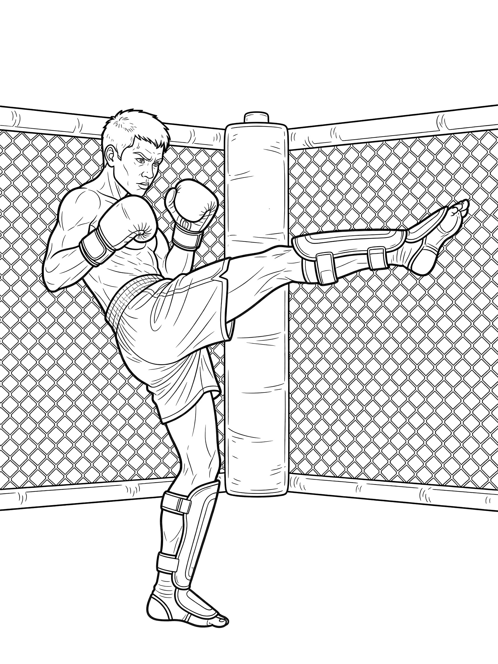 Black-and-white coloring page of an MMA fighter mid-roundhouse kick in an octagon cage with chain-link fence, wearing gloves and shin guards.