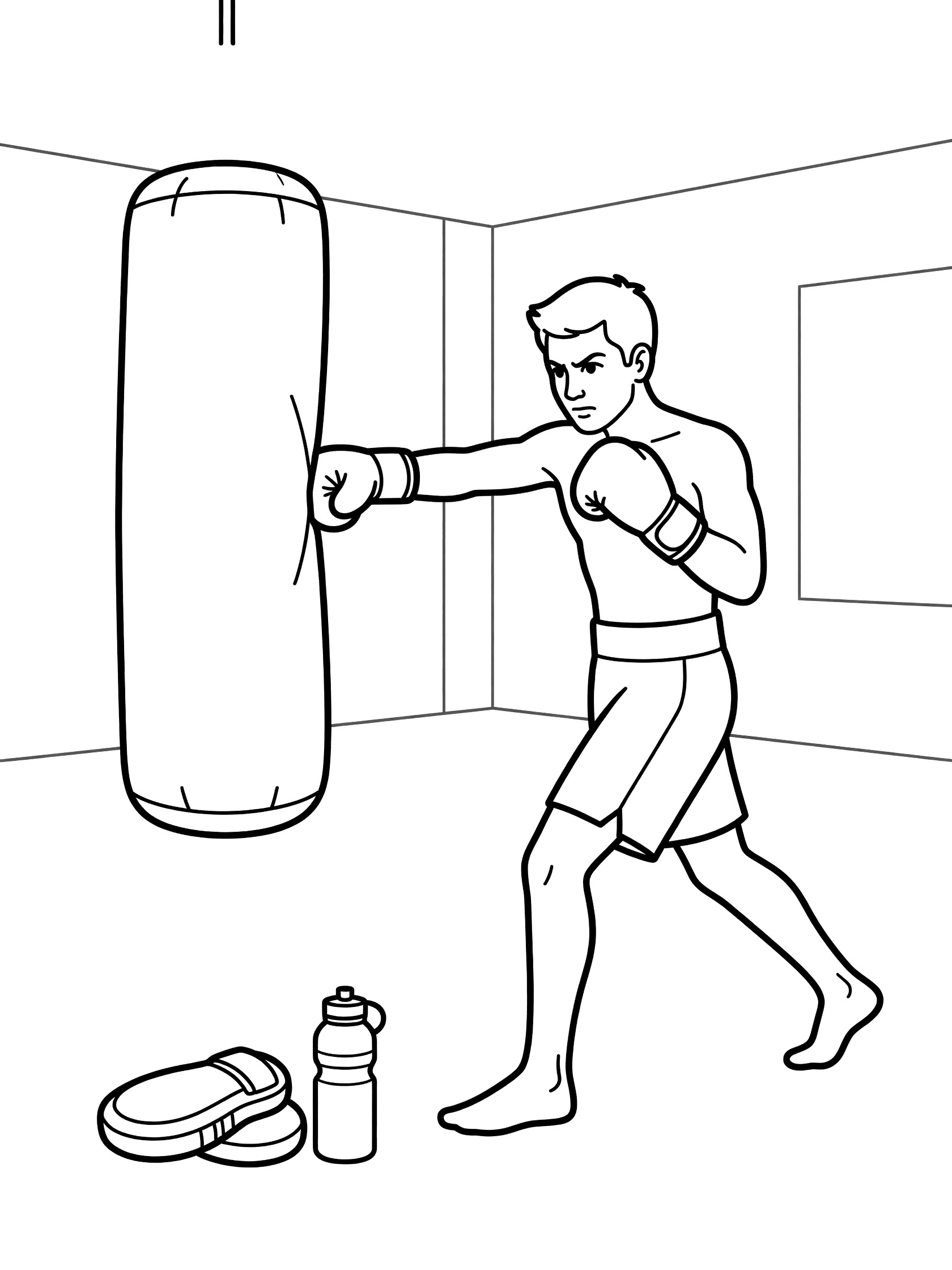 Black and white coloring page of a fighter punching a tall heavy bag, wearing boxing gloves and shorts, with mitts and water bottle on gym floor.