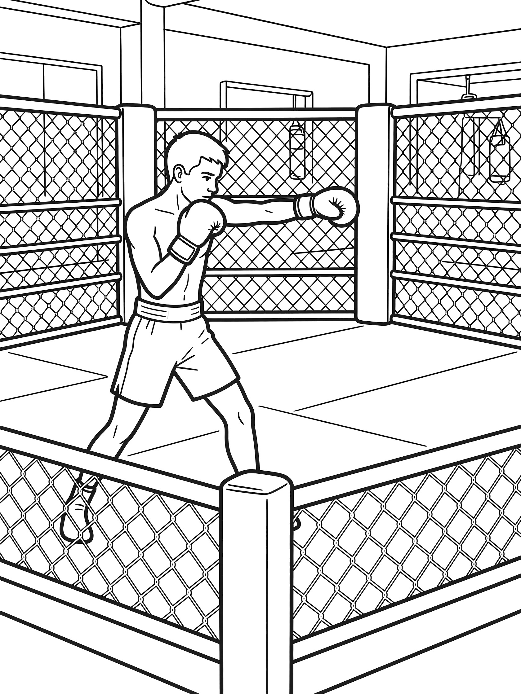 Black and white coloring page of a fighter shadow boxing with punches in an MMA octagon cage with chain-link fence and padded mats.