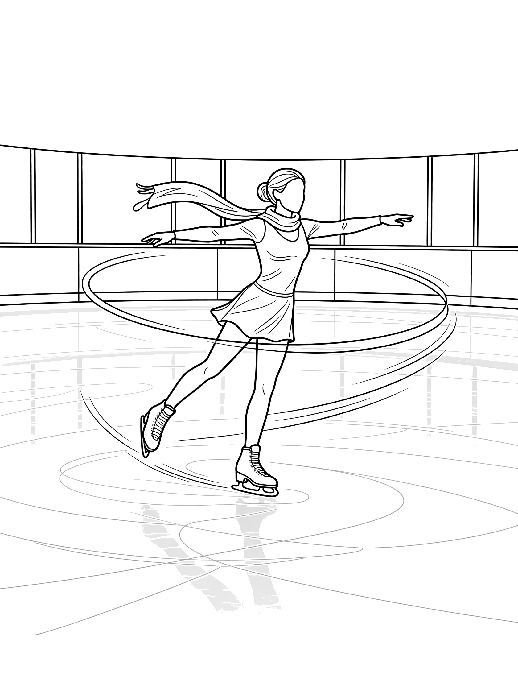 Black and white line art of a girl in ice skates spinning gracefully on shiny ice rink with arms extended, scarf trailing, and rink boards visible.