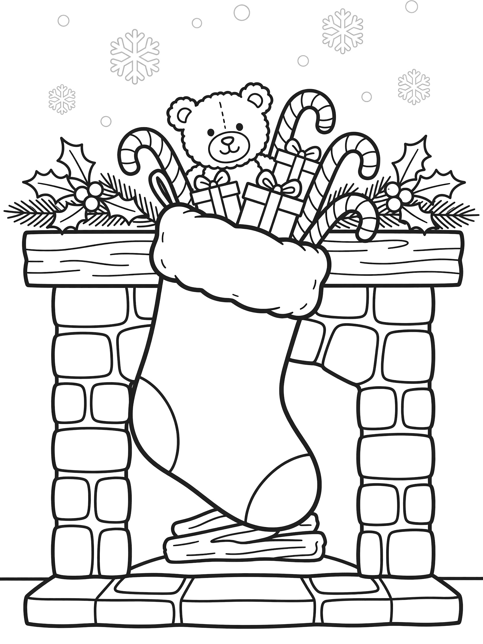 Cute cartoon Christmas stocking filled with toys, candy canes, teddy bear, wrapped gifts and orange, hanging from wooden mantel over stone fireplace coloring page