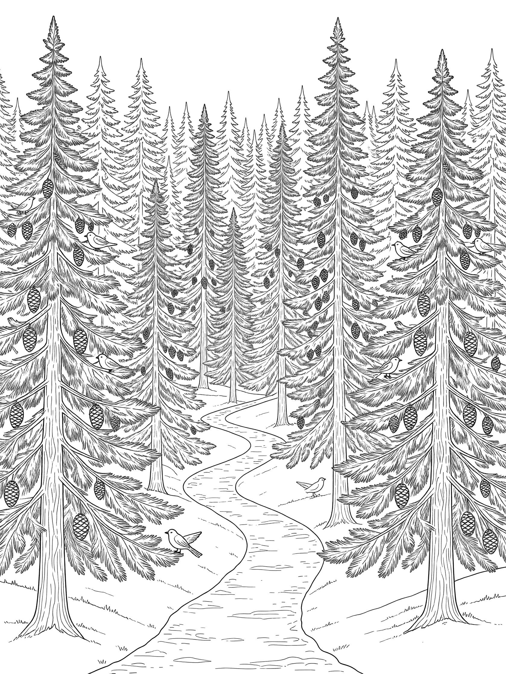 Black and white line art coloring page of a dense fir tree forest with detailed branches, pine cones, textured bark, winding path, and perched birds.