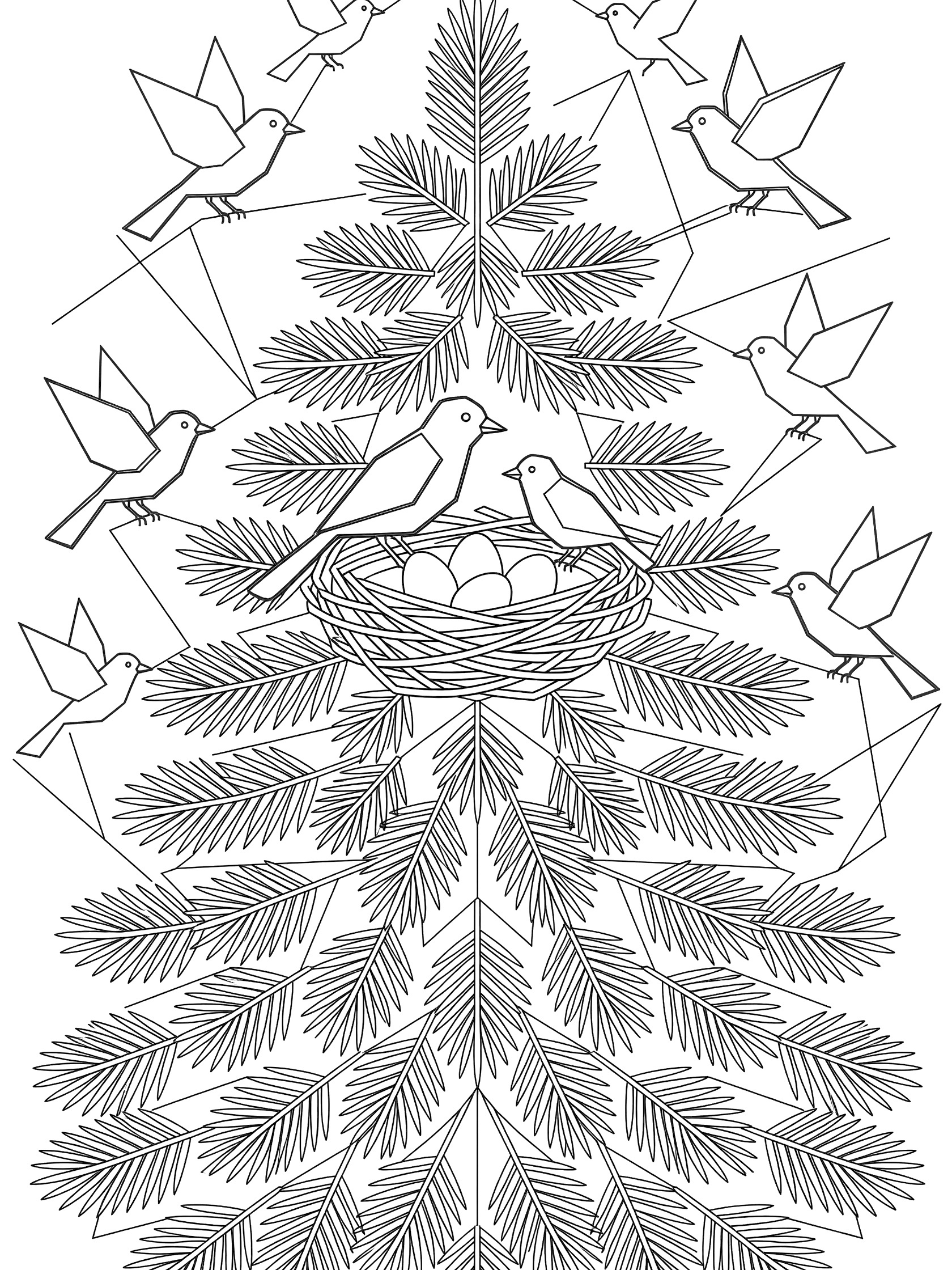 Black and white line drawing of a symmetrical fir tree with layered branches, a woven nest holding three eggs and a mother bird, two baby birds peeking out, and birds flying with twigs.
