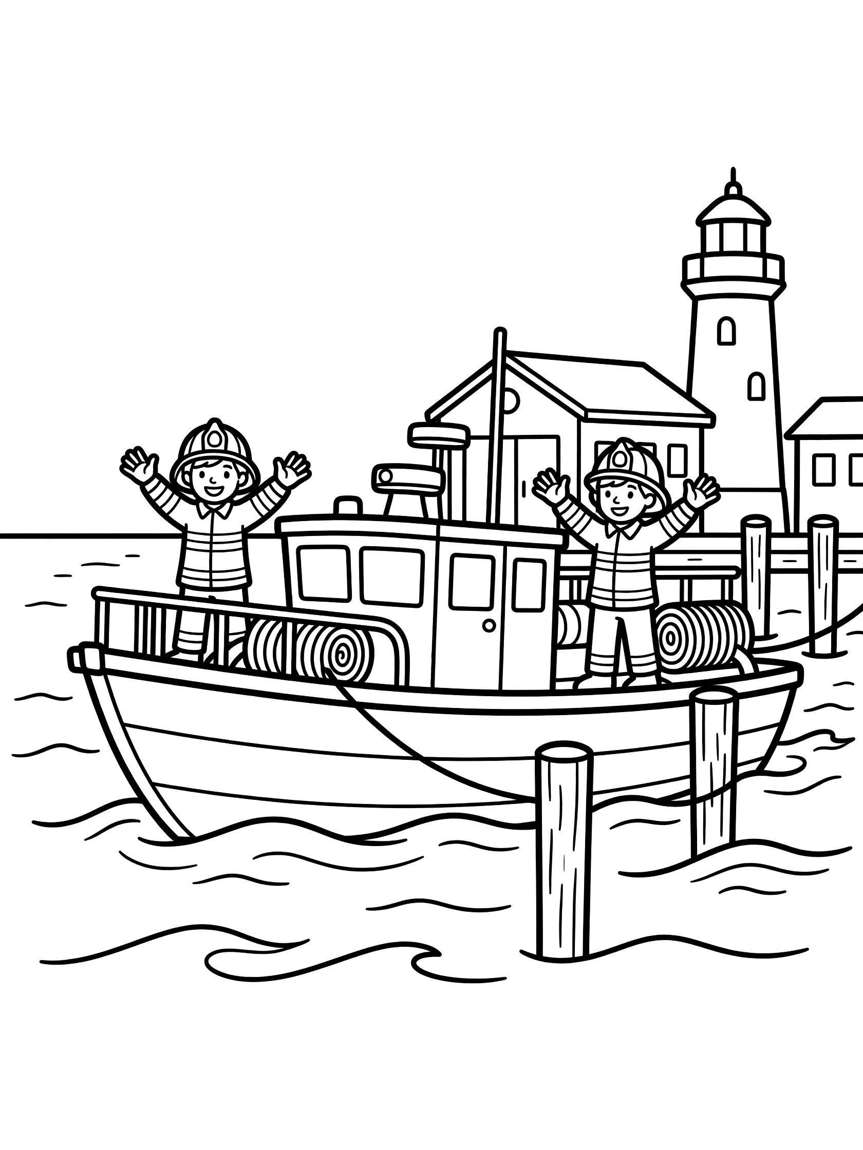 Line art coloring page showing a fire boat docked at a wooden pier with gentle waves, two firefighters waving on deck with coiled hoses, a small harbor station building, and a lighthouse.