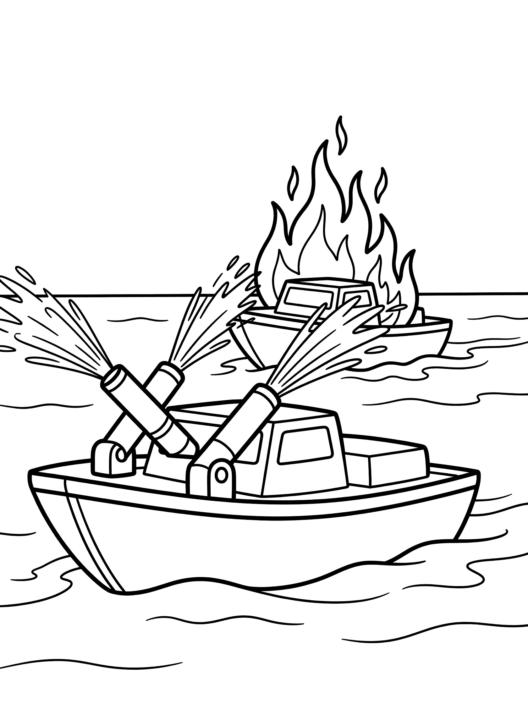 Black and white line art of a fire boat battling a boat blaze, with water sprays from cannons hitting triangular flames on the deck amid wavy water lines.