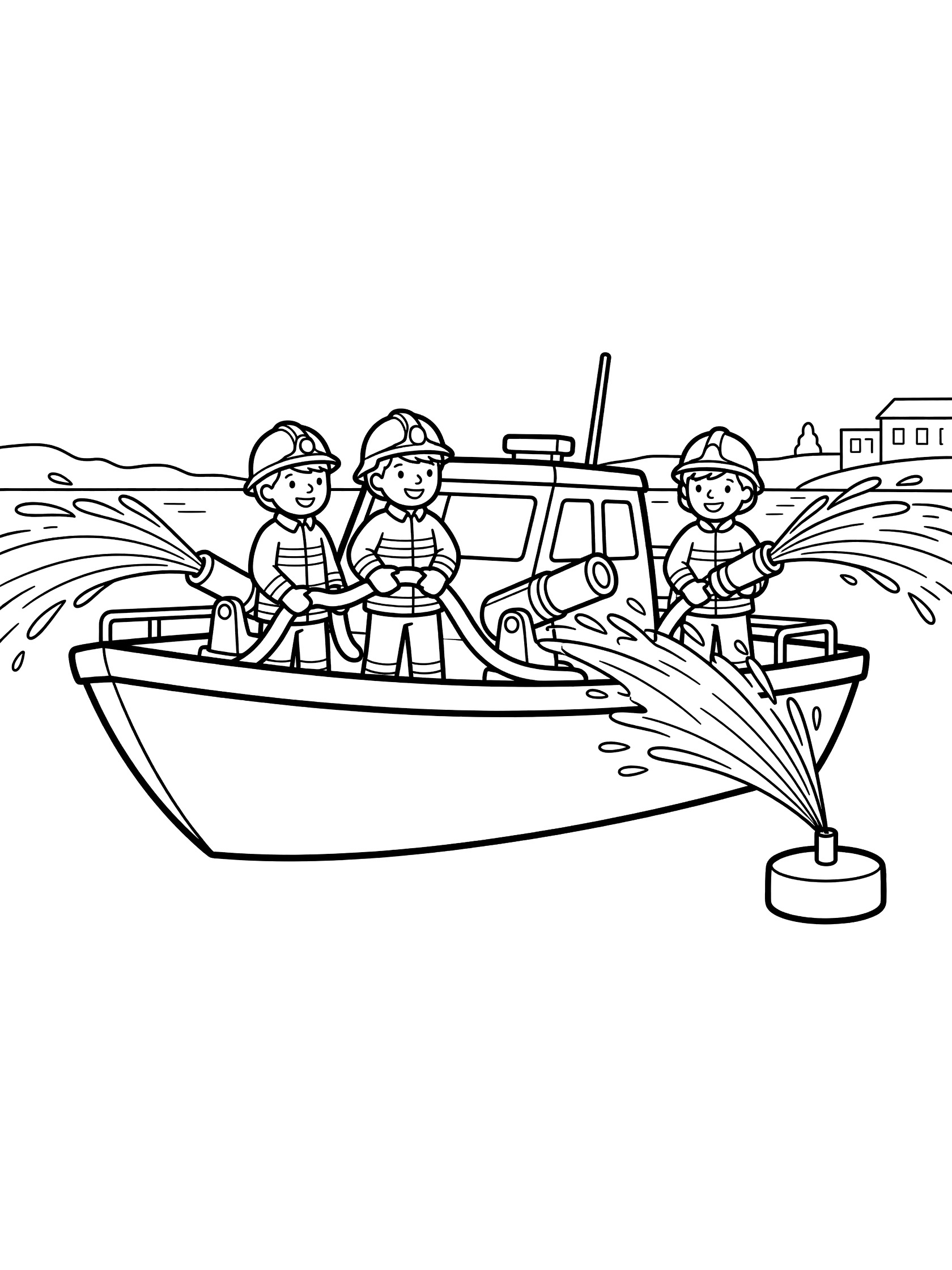 Line art coloring page showing a fire boat with three smiling crew members holding hoses and spraying water cannons at a buoy target during drill practice.