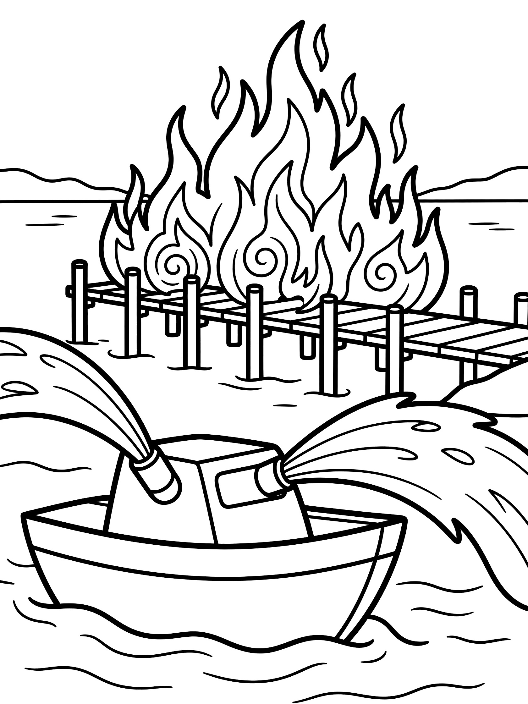 Line art coloring page showing a fire boat on water spraying arcs of water at a burning pier with swirling flames, waves, and shoreline.