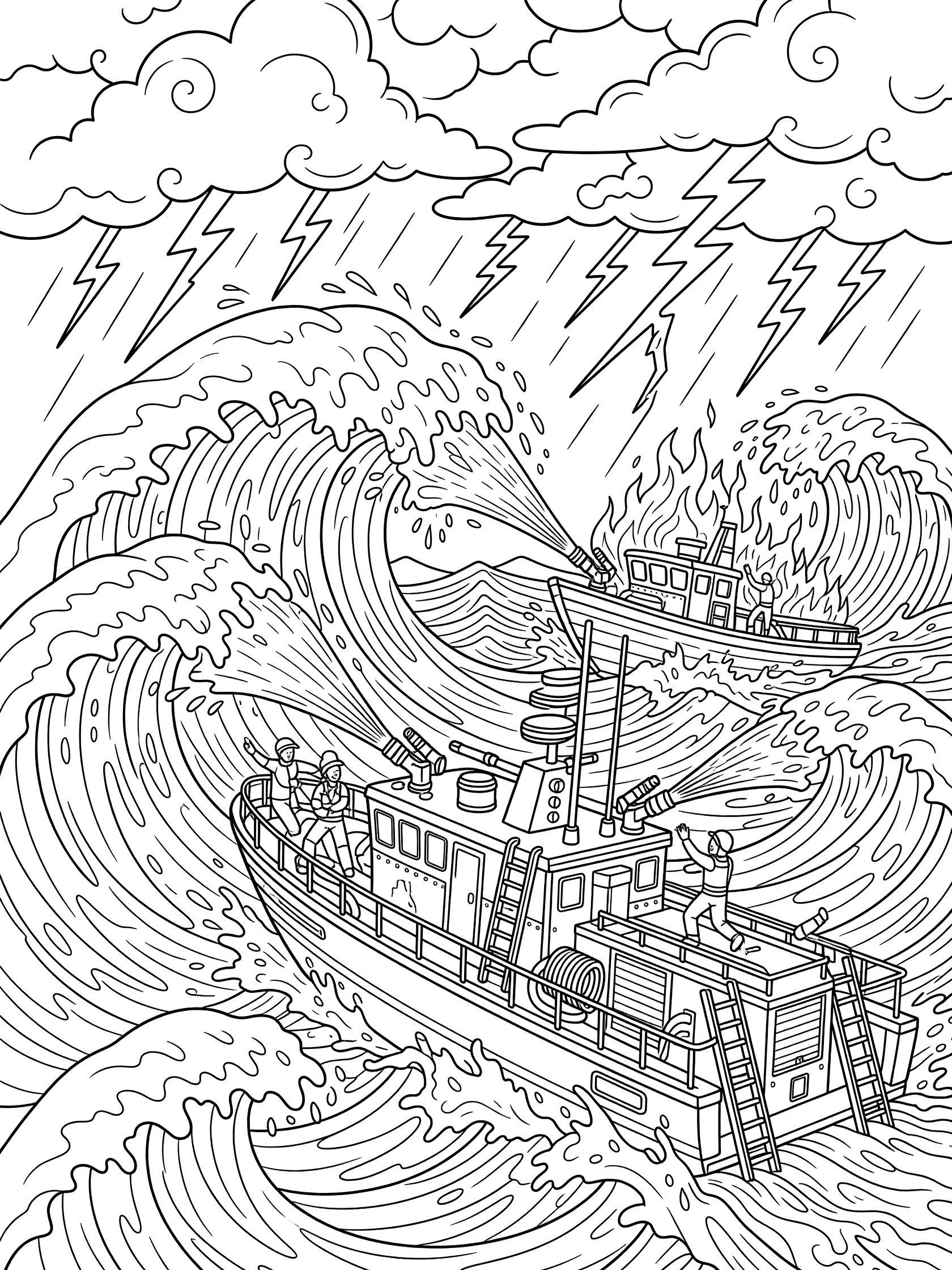 Black and white line art coloring page of a fire boat battling huge waves in a storm to rescue a burning boat with water cannons, crew figures, ladders, hoses, lightning bolts, and rain clouds.