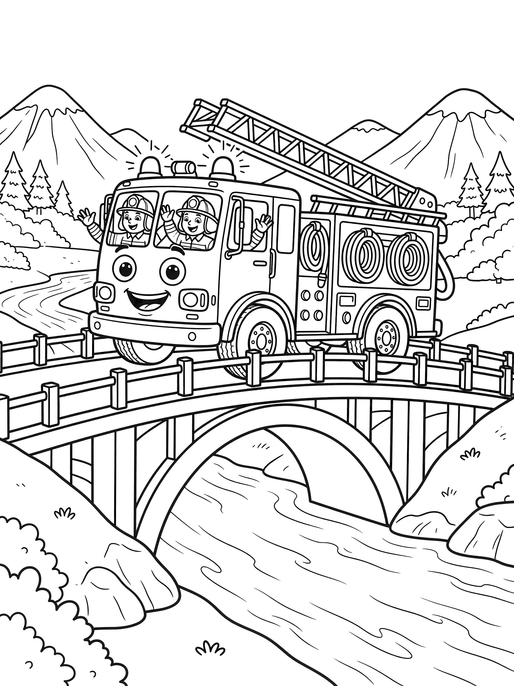 Black and white coloring page of a cute fire engine with big eyes and smiling face crossing an arched bridge over a river, firefighters waving from cab, ladder extended, hills and trees in background.