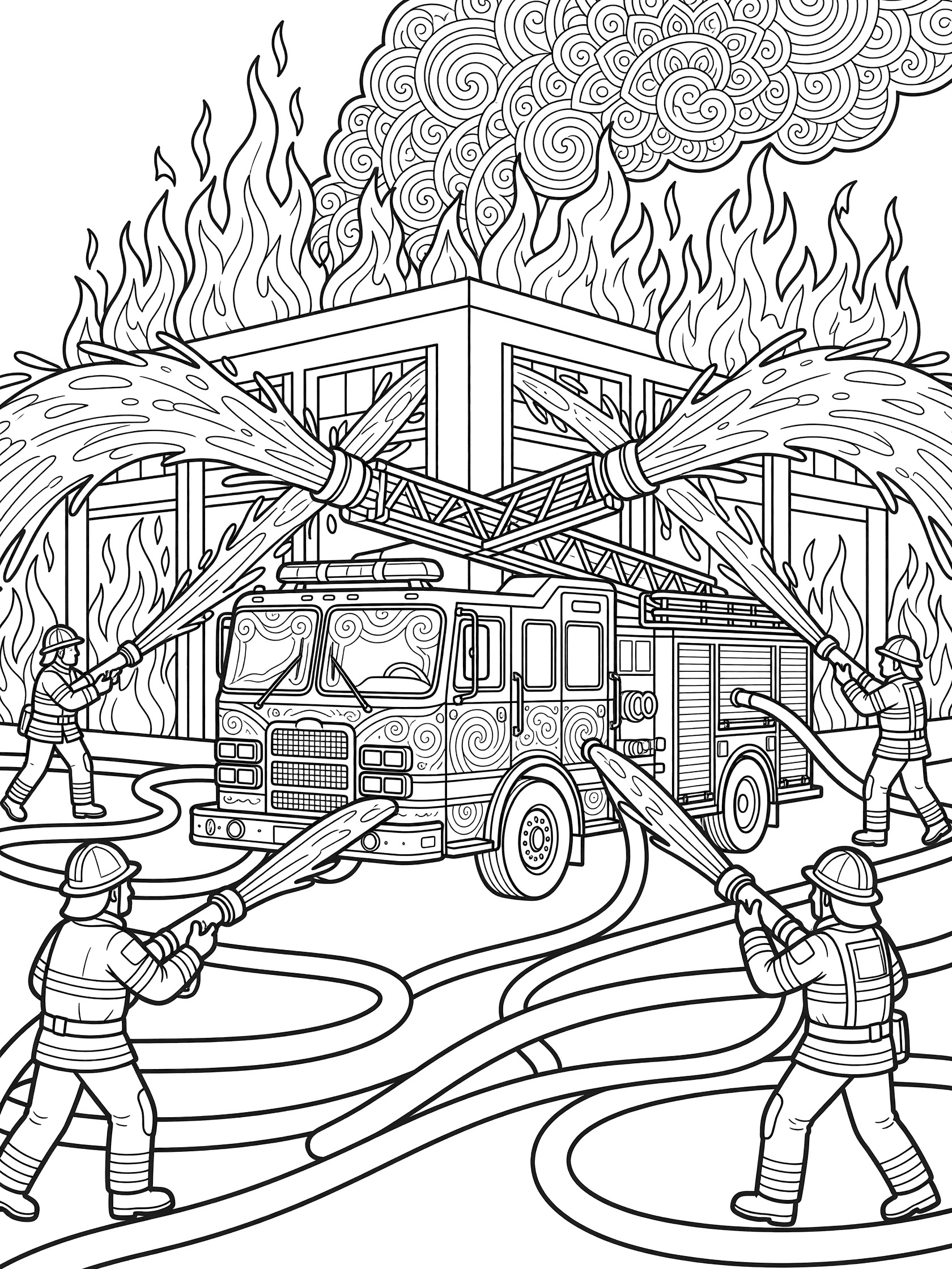 Black and white coloring page of a fire engine with firefighters spraying hoses at flames around a warehouse, in mandala-style patterns.