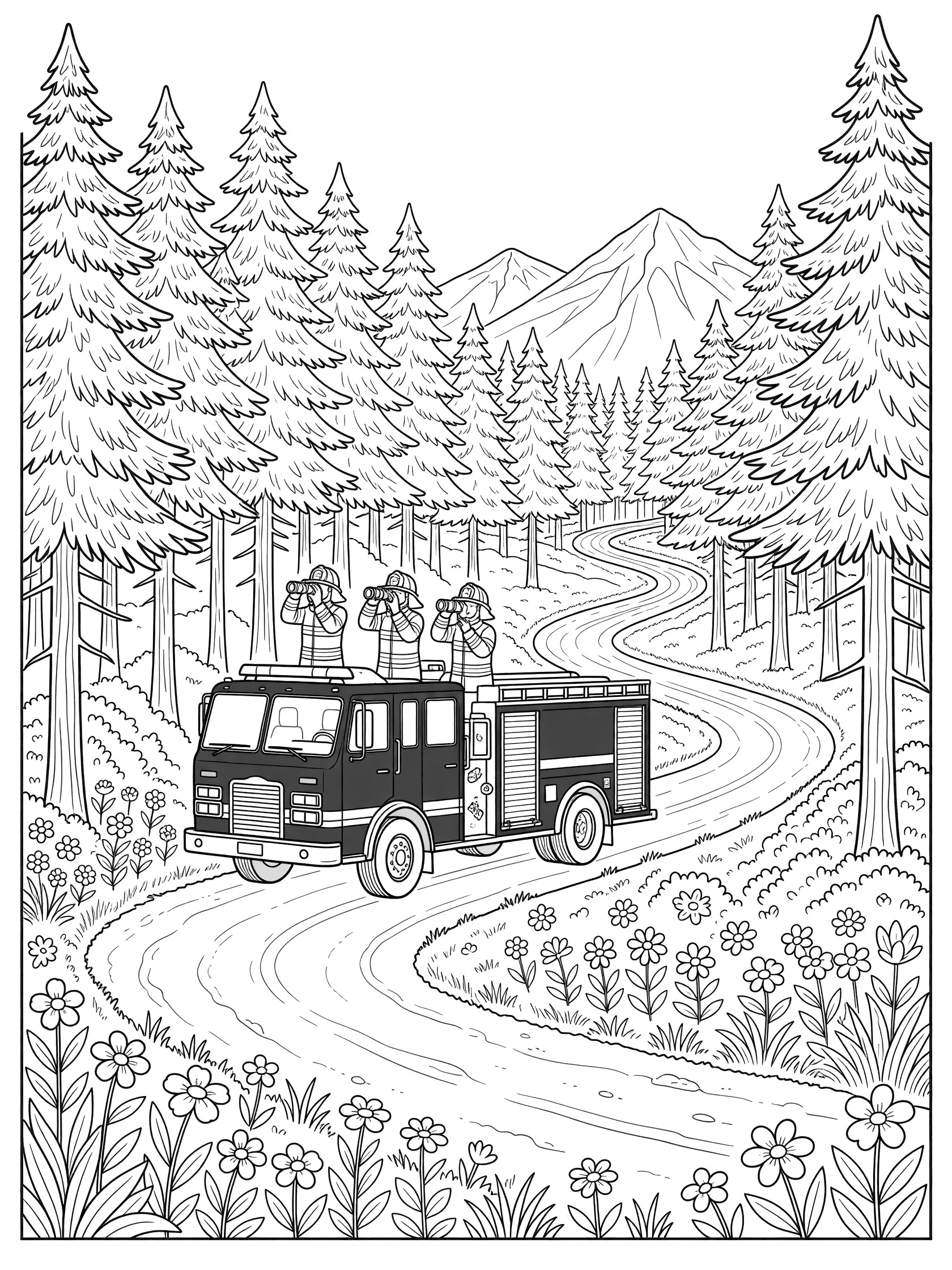 Black and white line art coloring page showing a fire engine on a curvy dirt road in a dense forest with pine trees, bushes, wildflowers, and mountains in the background. Firefighters stand on top scanning treetops.