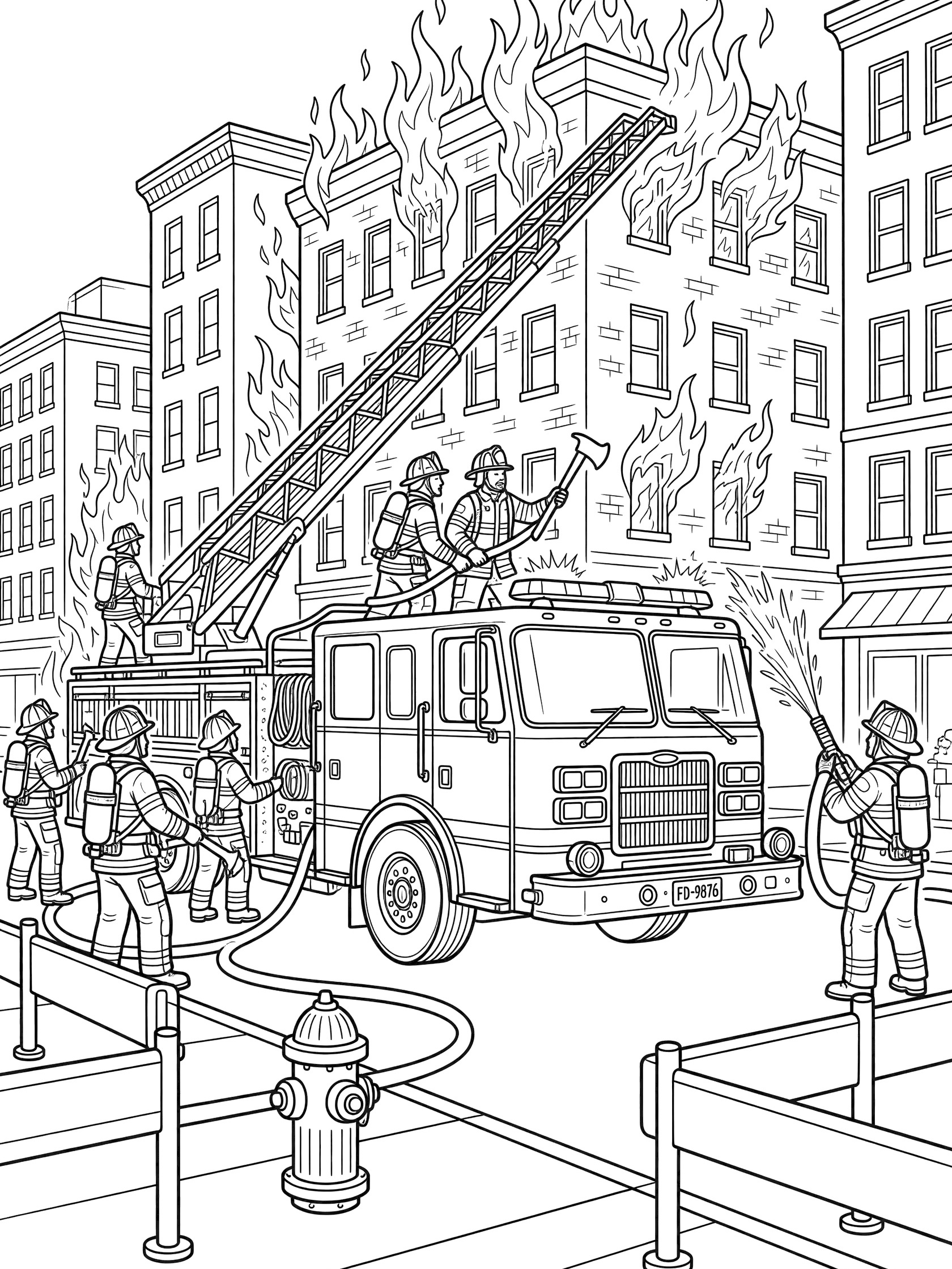 Detailed black and white line art of a fire engine with crew racing down a street to a tall building on fire, firefighters climbing ladder and using hoses.
