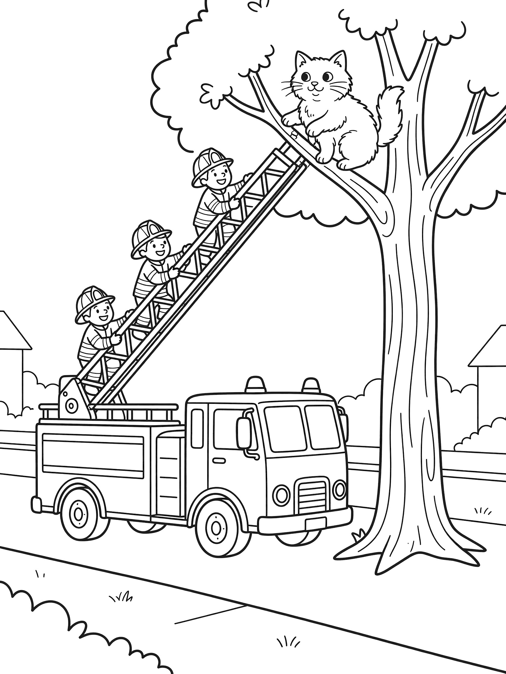 Line art coloring page showing a red fire engine parked under a tree with extendable ladder. Firefighters in helmets climb the ladder to rescue a wide-eyed fluffy cat in the branches.