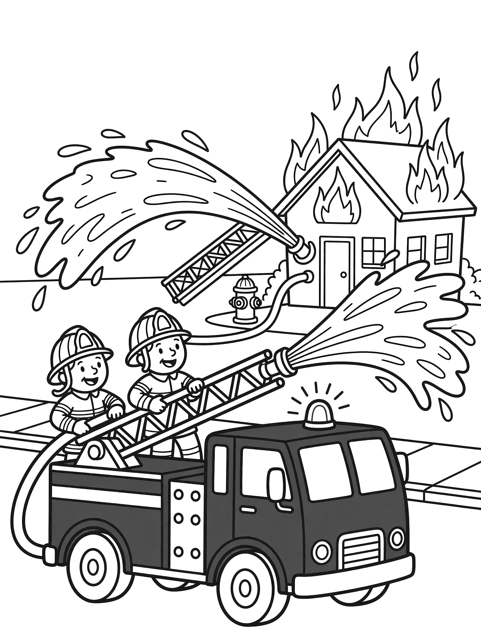 Cartoon fire engine with firefighters spraying water jets from hoses towards a burning house on a city street, printable coloring page.